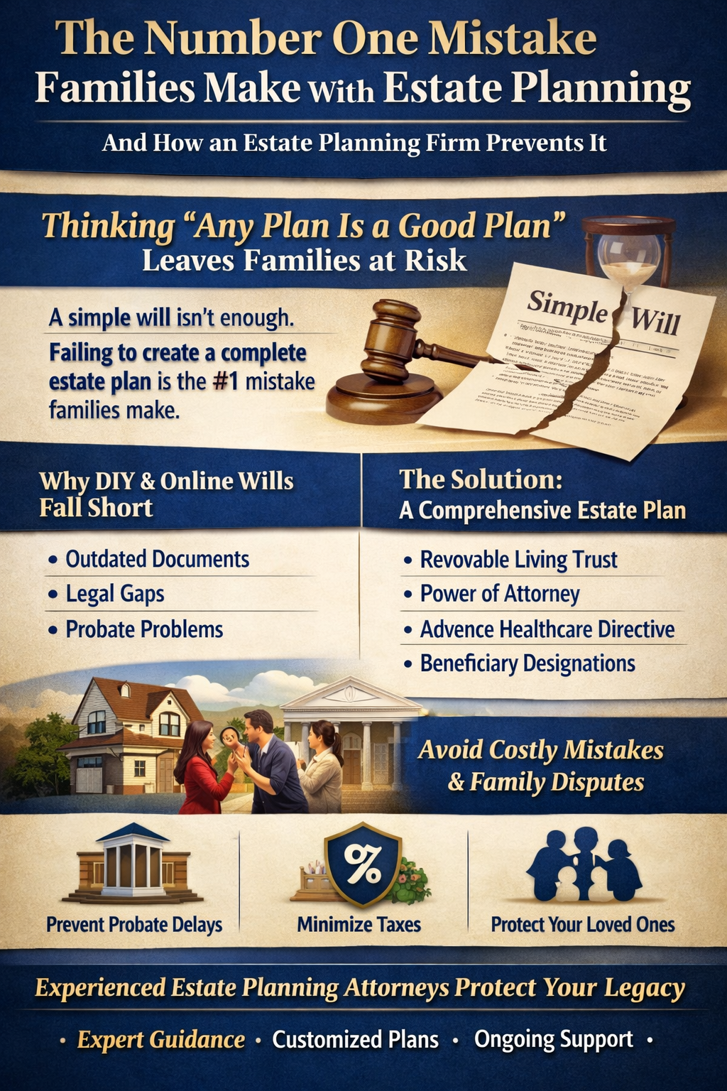 The Number One Mistake Families Make With Estate Planning and How an Estate Planning Firm Prevents It,” featuring a torn simple will, judge’s gavel, courthouse, and family imagery. The graphic explains that relying on incomplete or DIY estate plans is the most common mistake, highlights risks like outdated documents and probate delays, and shows solutions such as revocable living trusts, powers of attorney, advance healthcare directives, and beneficiary designations to protect families, minimize taxes, and avoid disputes.