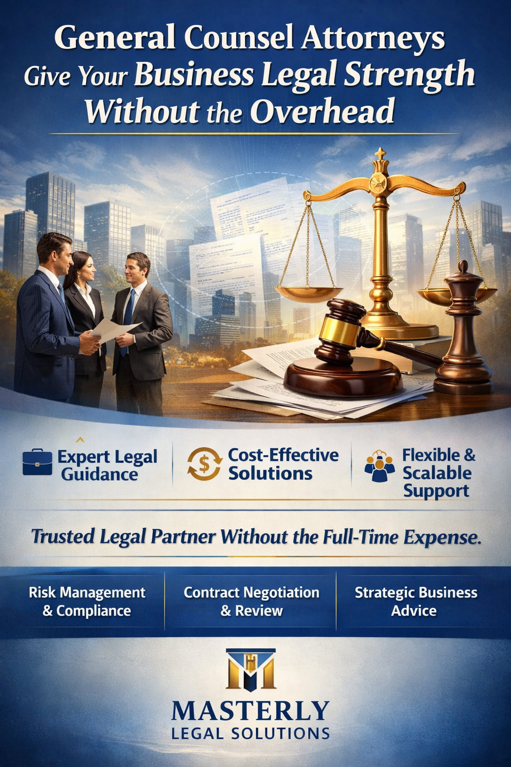 General Counsel Attorneys Give Your Business Legal Strength Without the Overhead,” showing business professionals in discussion alongside legal symbols like a gavel and scales of justice, highlighting expert legal guidance, cost-effective solutions, flexible support, risk management, contract negotiation, and strategic business advice.