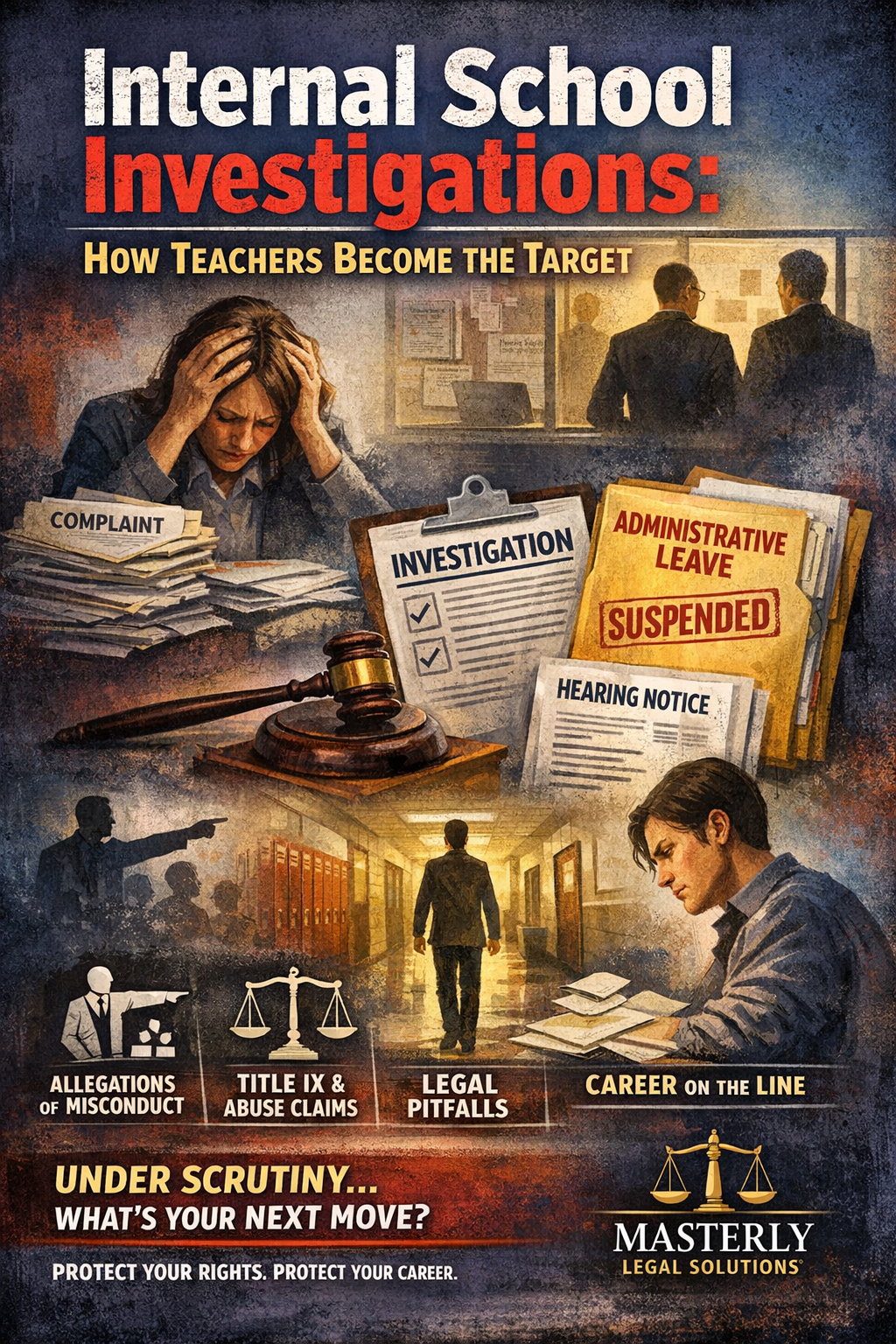 Illustration showing a stressed teacher surrounded by investigation documents labeled “complaint,” “investigation,” “administrative leave,” and “hearing notice,” with school administrators in the background and legal symbols in the foreground, representing internal school investigations and how teachers can become the focus of serious allegations affecting their careers.