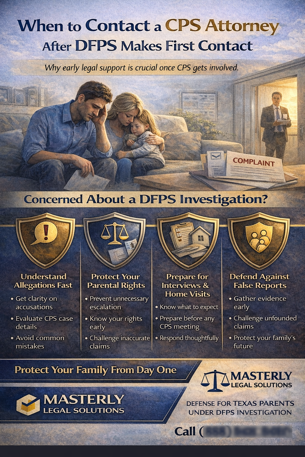 Infographic showing when to contact a CPS attorney after DFPS first contact, highlighting parental rights, CPS interviews, and early legal protection.