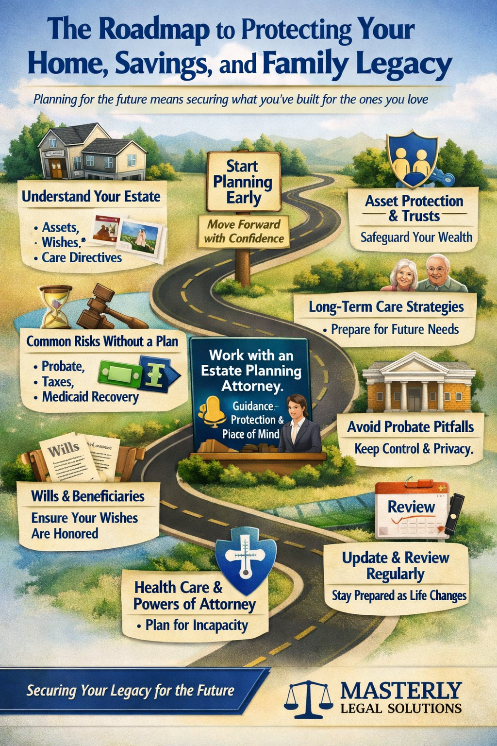 Estate planning roadmap infographic showing asset protection, wills, trusts, healthcare directives, and legacy planning for families.