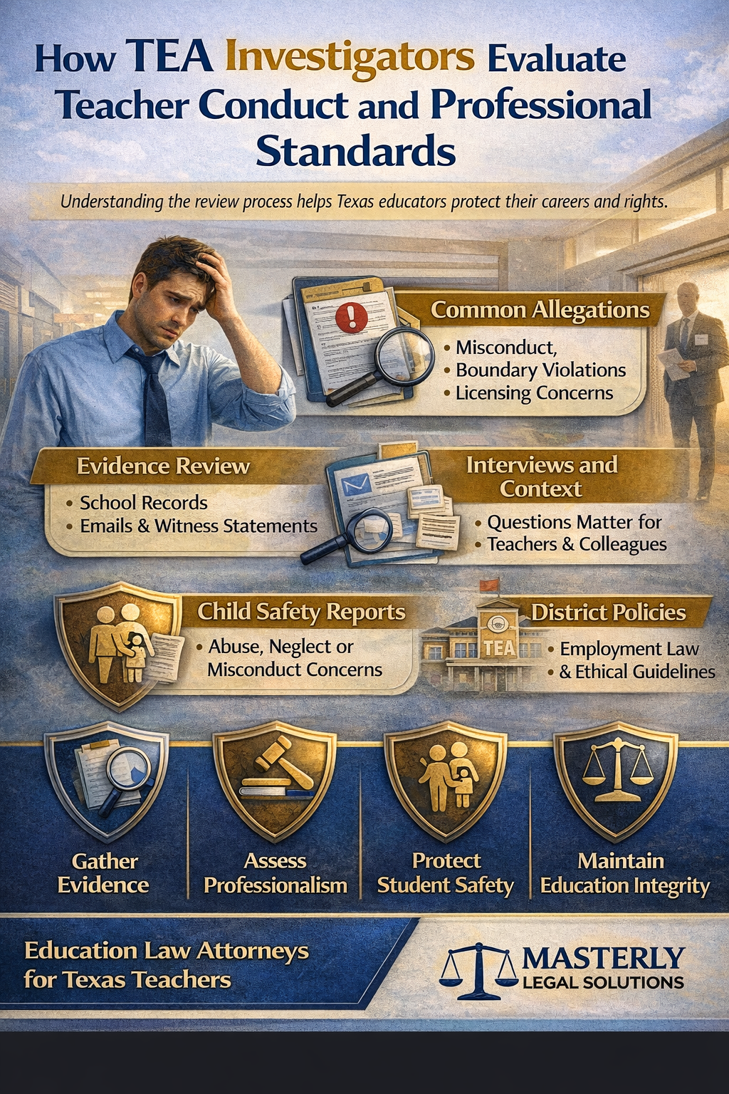 Infographic showing how TEA investigators evaluate teacher conduct, including evidence review, interviews, child safety reports, and professional standards.
