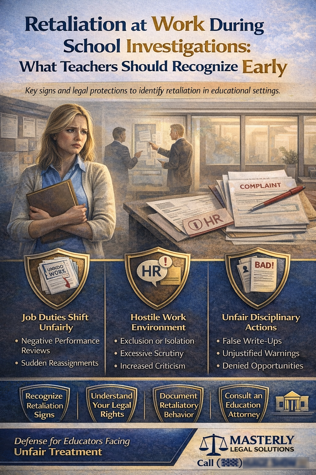 Infographic illustrating workplace retaliation during school investigations, showing a teacher facing unfair job changes, hostile work environment, and disciplinary actions.
