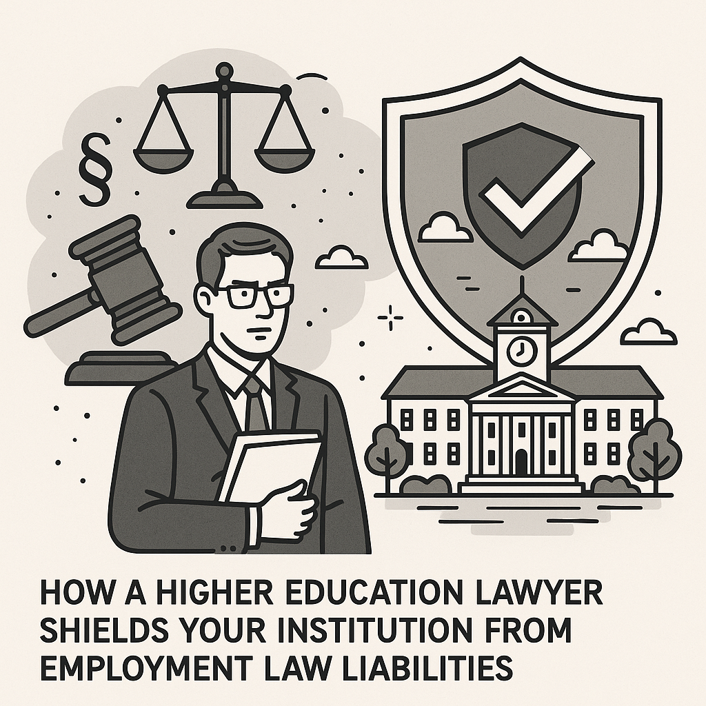 A conceptual black-and-white illustration showing a higher education lawyer holding legal documents beside symbols of justice, including a gavel and scales. On the right, a university building sits behind a large protective shield with a checkmark, representing legal protection against employment law liabilities. The caption reads: ‘How a Higher Education Lawyer Shields Your Institution from Employment Law Liabilities.