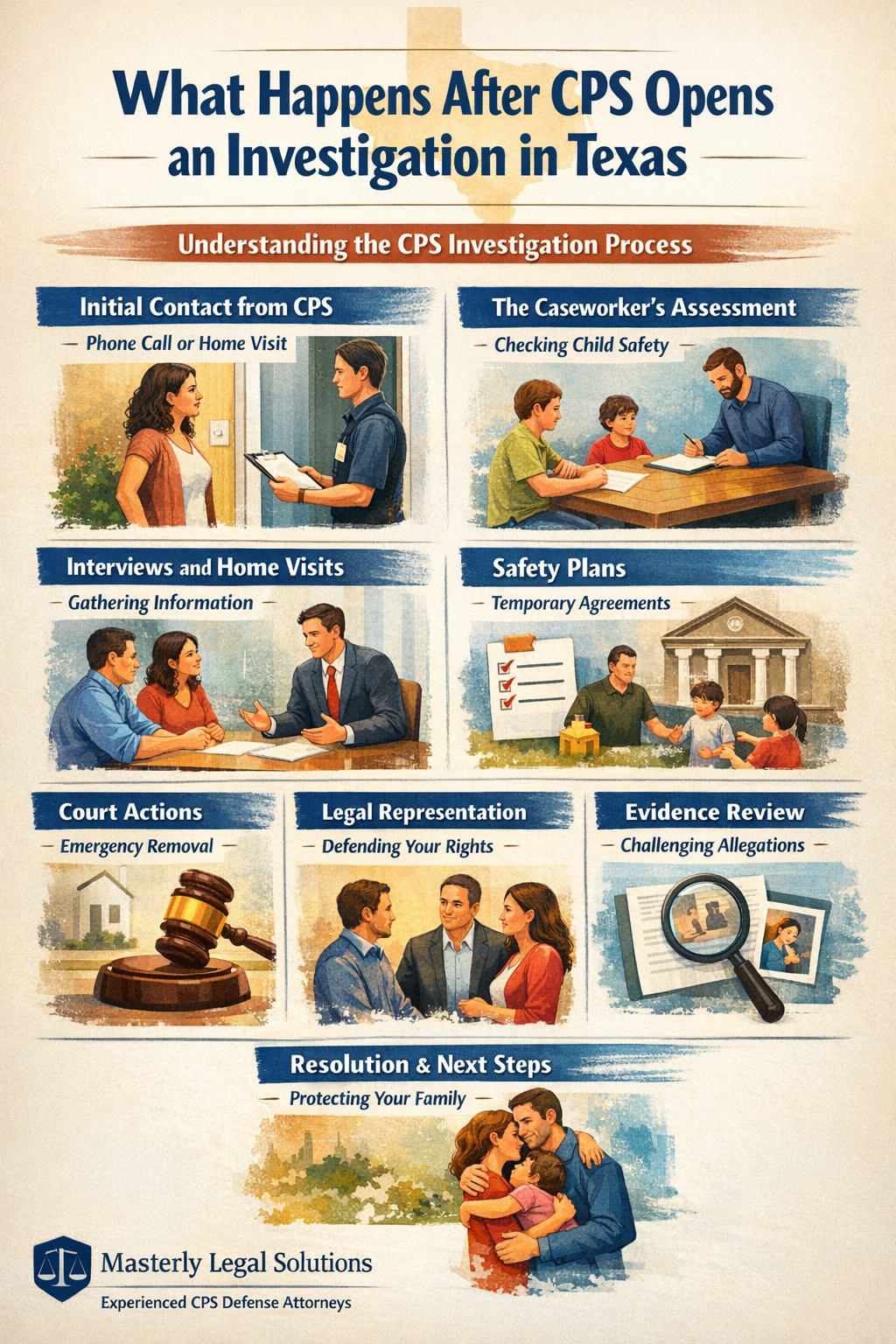 Infographic explaining what happens after CPS opens an investigation in Texas, including initial CPS contact, home visits, safety plans, court involvement, legal representation, evidence review, and steps to protect parental rights, presented by Masterly Legal Solutions.
