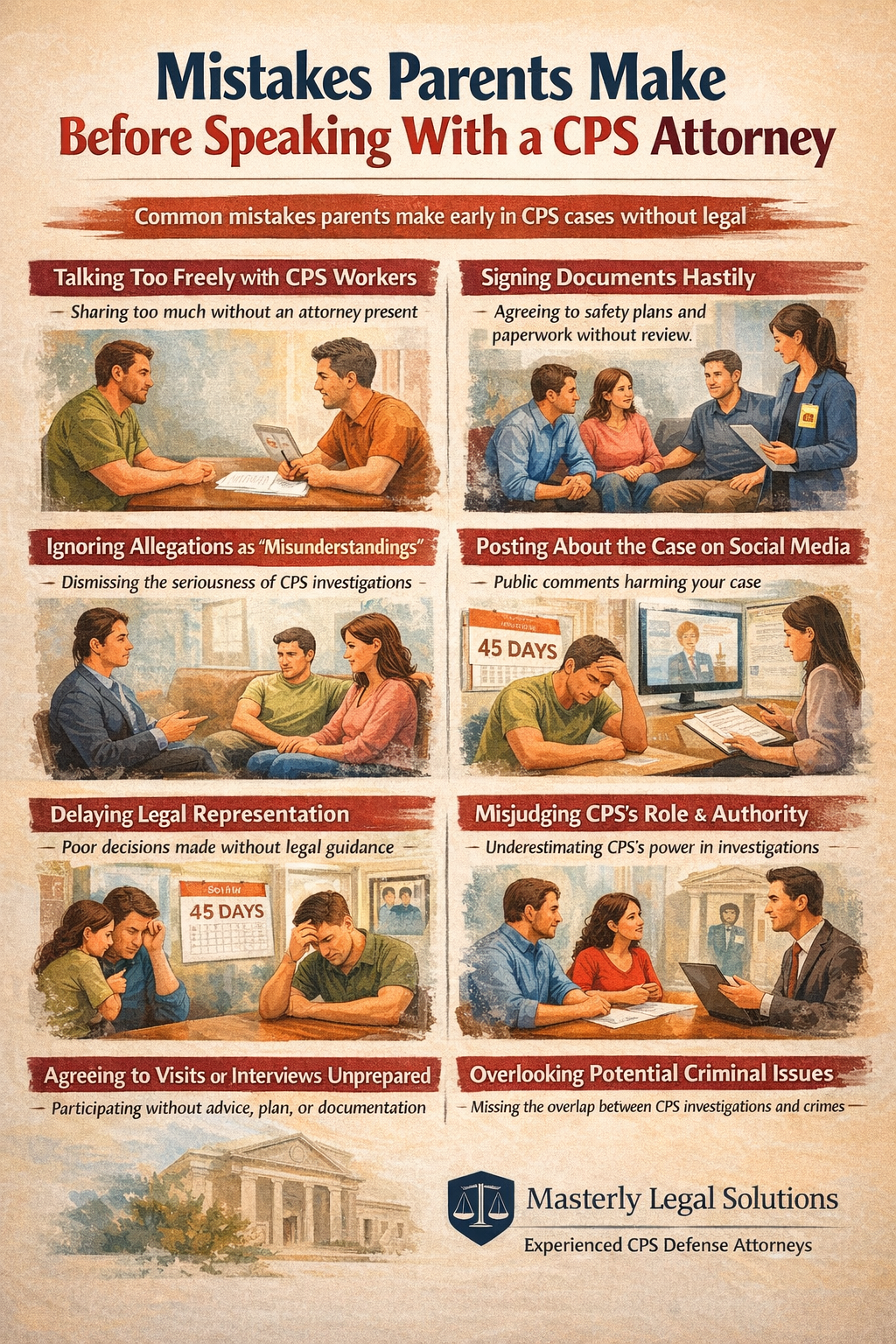 Infographic showing common mistakes parents make before speaking with a CPS attorney, including talking too freely with CPS workers, signing safety plans without review, delaying legal representation, posting on social media, and misunderstanding CPS authority, presented by Masterly Legal Solutions.