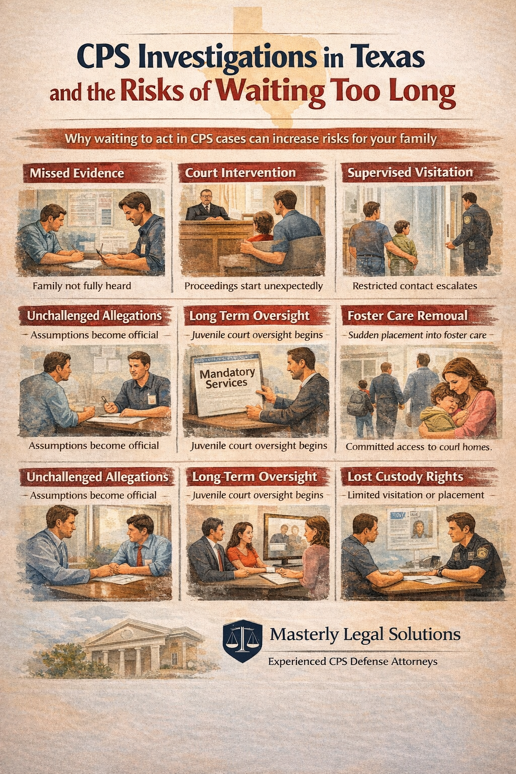 Infographic explaining CPS investigations in Texas and the risks of waiting too long, including missed evidence, unchallenged allegations, court intervention, supervised visitation, foster care placement, and loss of custody, presented by Masterly Legal Solutions.