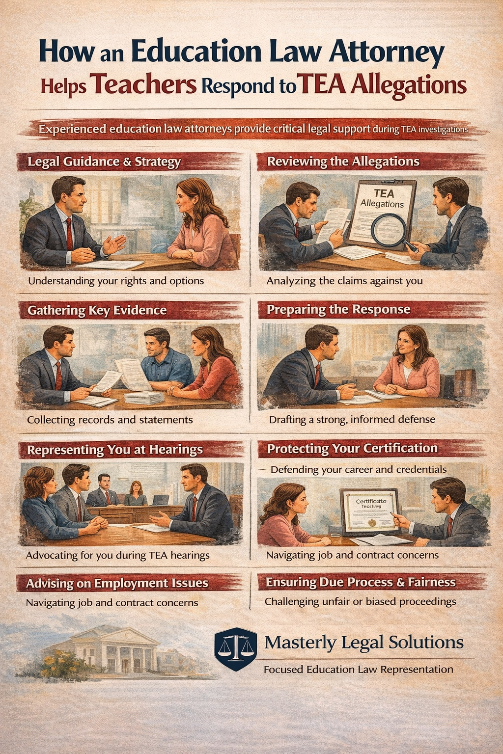 Infographic explaining how an education law attorney helps teachers respond to Texas Education Agency (TEA) allegations, including legal strategy, evidence review, preparing responses, representing teachers at hearings, protecting teaching certification, and ensuring due process, presented by Masterly Legal Solutions.