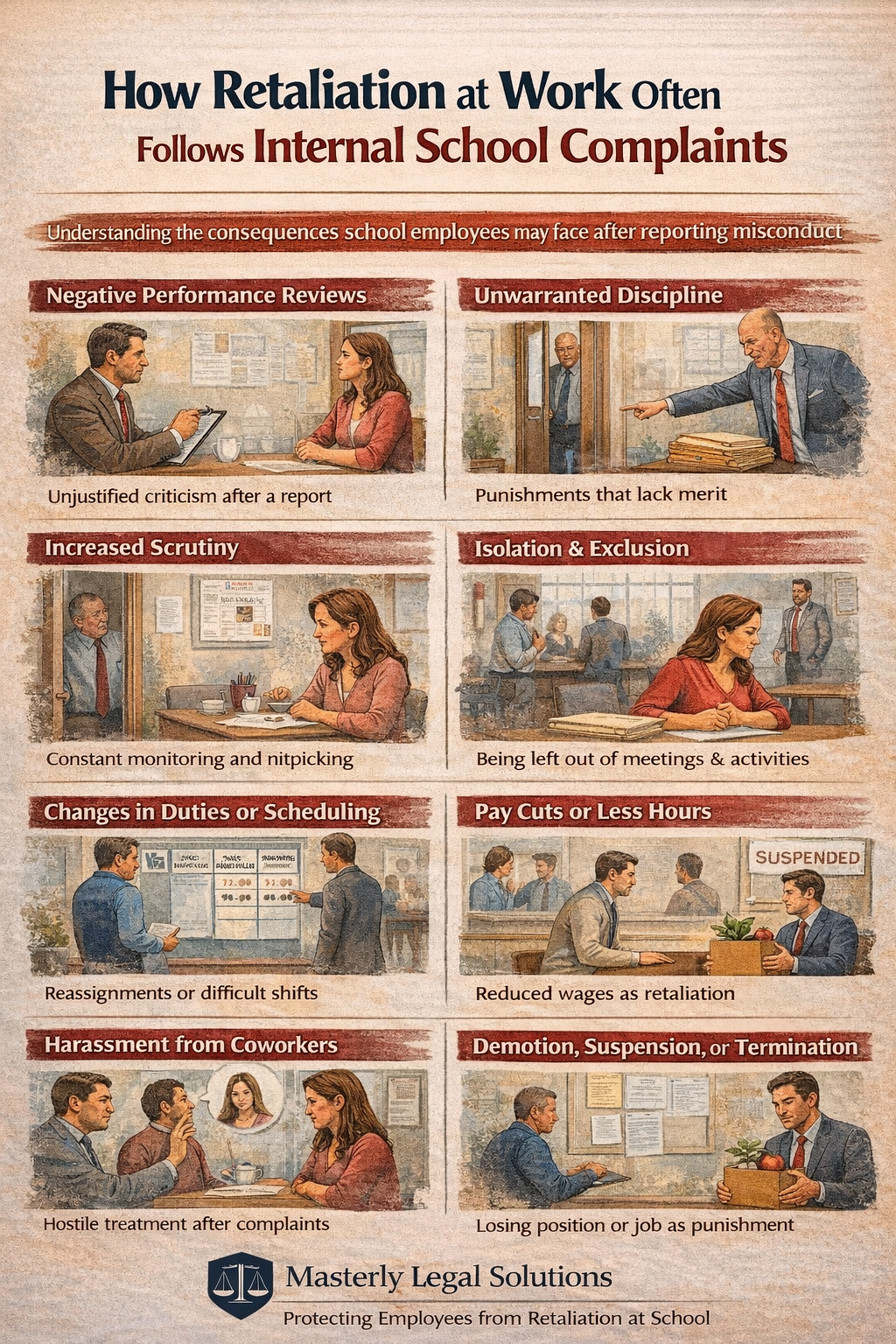 Infographic showing how retaliation at work often follows internal school complaints, including negative performance reviews, unwarranted discipline, increased scrutiny, isolation, schedule changes, pay cuts, coworker harassment, and termination, presented by Masterly Legal Solutions.
