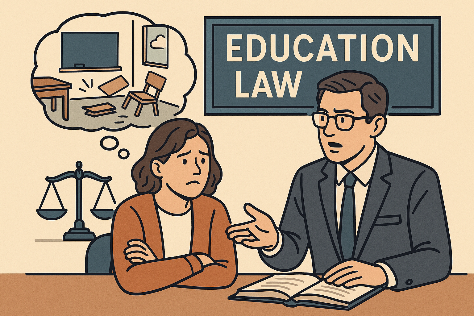 A flat-style illustration showing a worried female teacher sitting with her arms crossed as she speaks with a male education lawyer in a suit. The lawyer gestures calmly while an open book rests on the desk. Behind them is a sign that reads ‘EDUCATION LAW.’ A thought bubble above the teacher depicts a messy classroom with overturned chairs and scattered supplies. A scale of justice icon appears near the teacher, symbolizing legal support