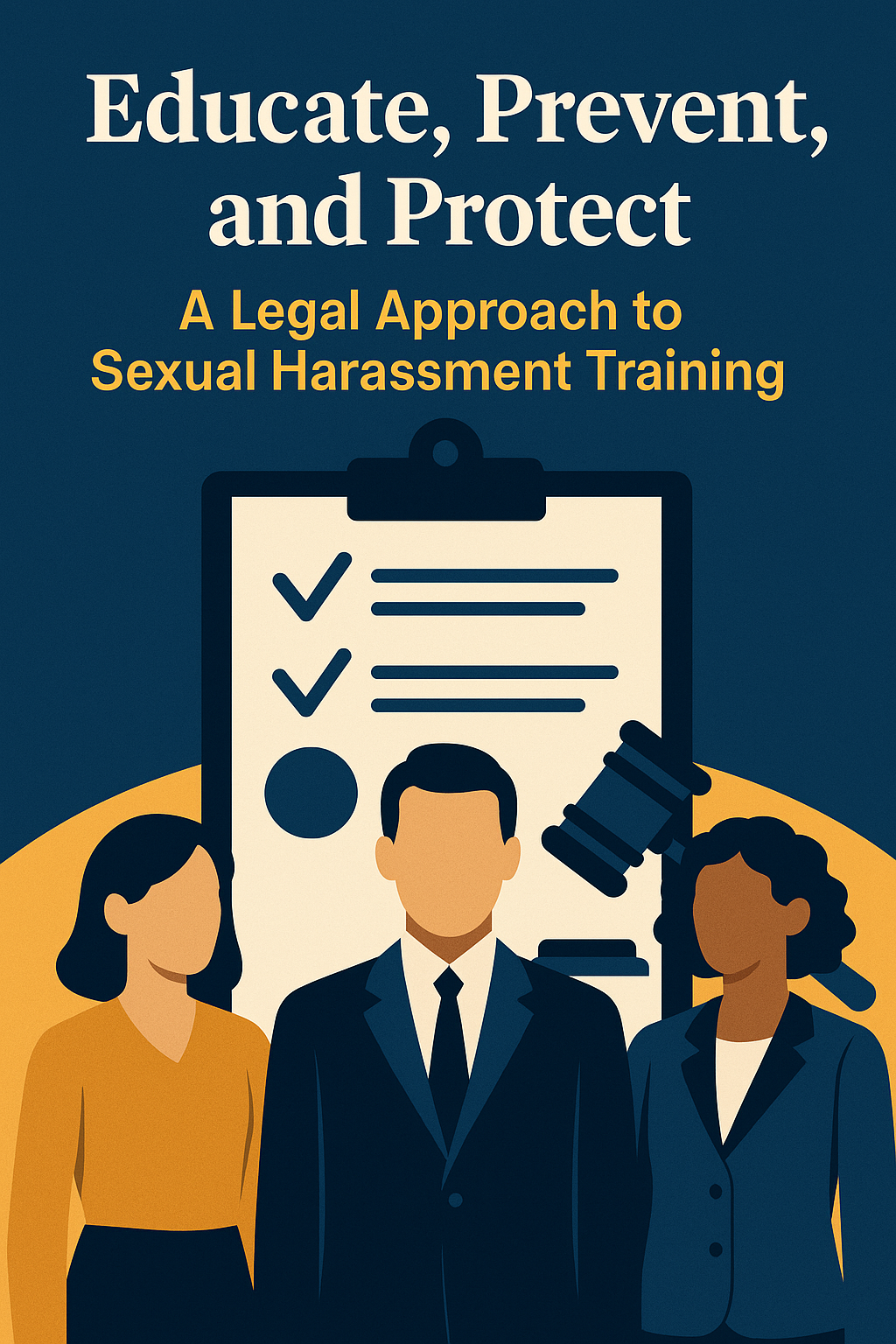 Illustrated poster featuring three professional figures standing in front of a large clipboard with checkmarks and a gavel, symbolizing legal guidance. The headline reads ‘Educate, Prevent, and Protect’ with the subtitle ‘A Legal Approach to Sexual Harassment Training.’ The design uses bold blue and gold tones to convey professionalism and workplace training themes.