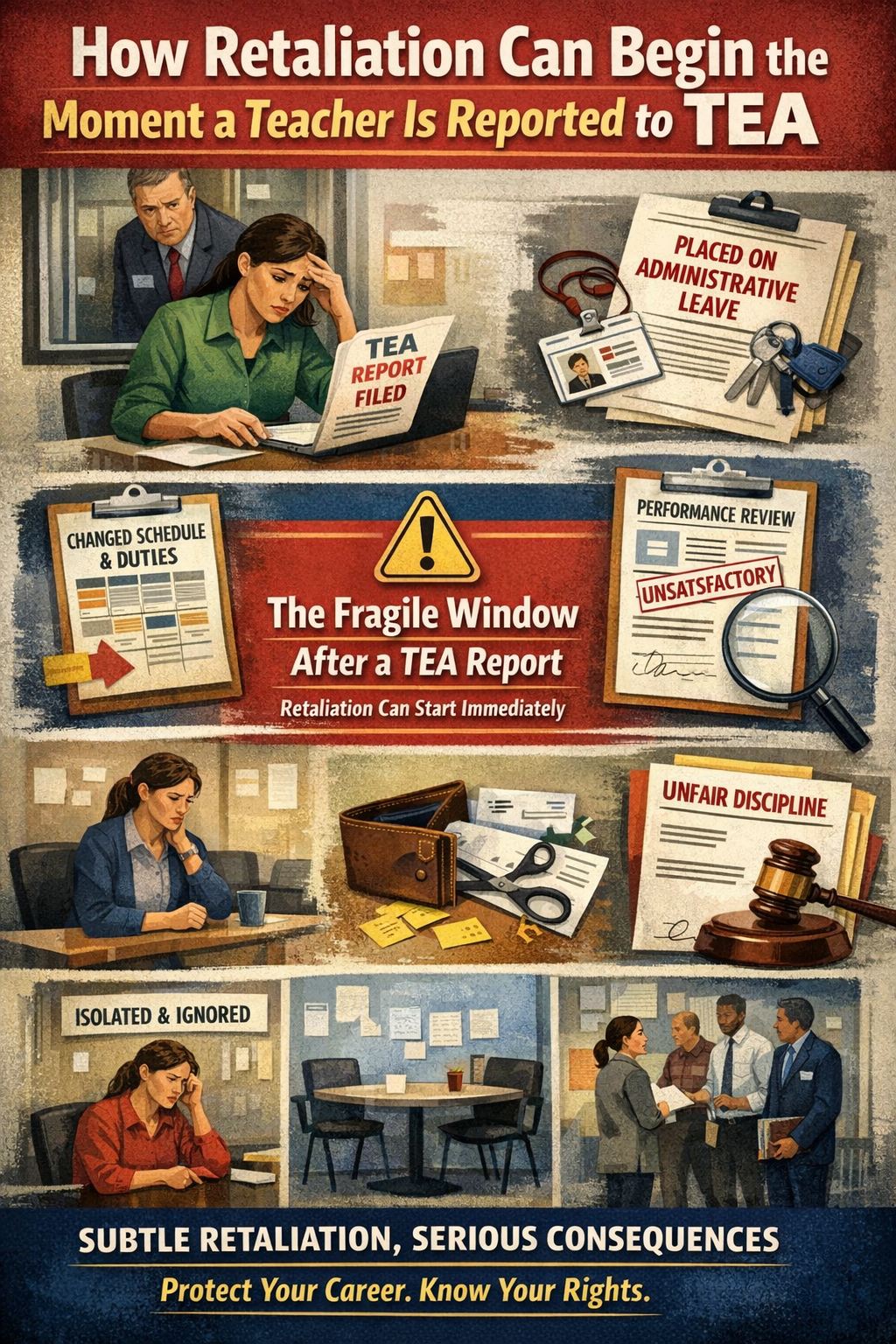 Illustrated infographic showing a stressed teacher after filing a TEA report, with scenes of administrative leave paperwork, changed schedules, negative performance reviews, isolation from colleagues, and unfair discipline, highlighting how subtle workplace retaliation can begin immediately after a Texas Education Agency report.