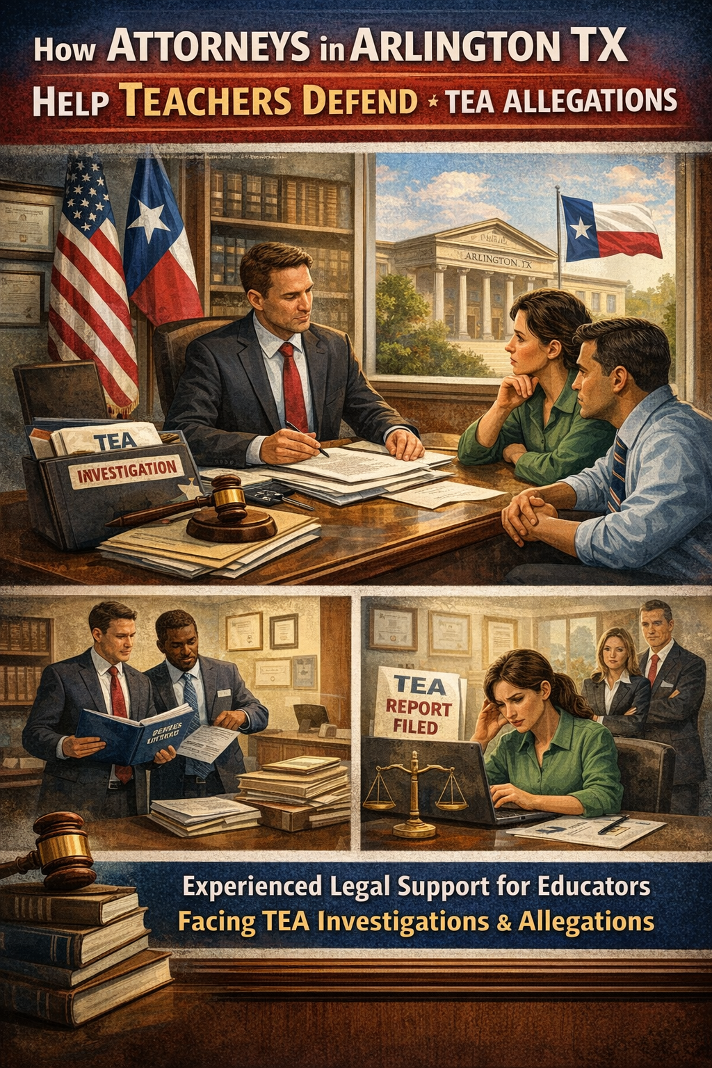 Illustrated legal consultation scene showing an Arlington, Texas attorney meeting with concerned teachers during a TEA investigation, with case files, a gavel, and Texas and U.S. flags in the background, representing how attorneys help educators defend against Texas Education Agency allegations.