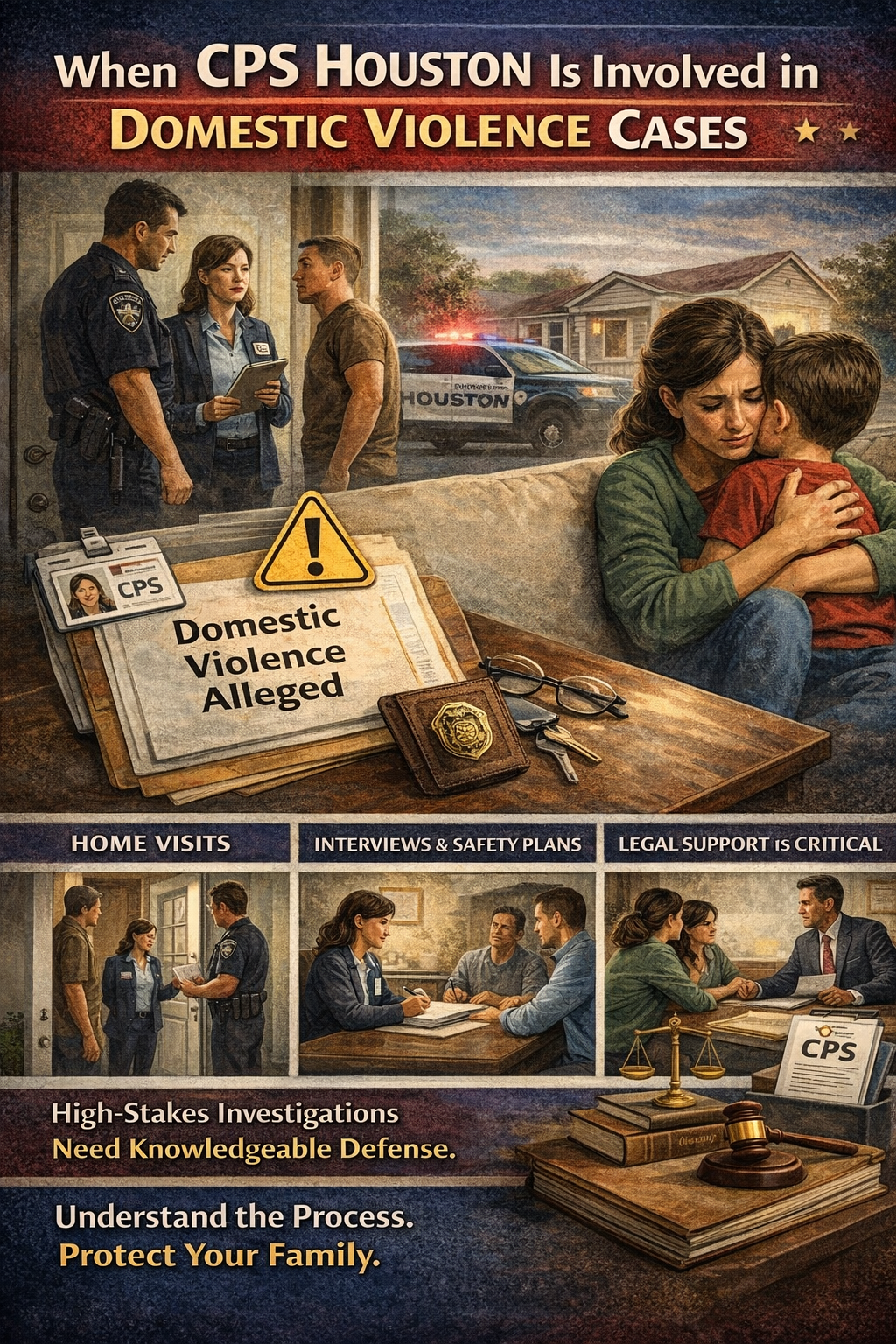 Illustrated scene showing CPS Houston involvement in a domestic violence case, with a caseworker and police at a home, a parent comforting a child, and legal documents symbolizing child protective services investigations and family defense.