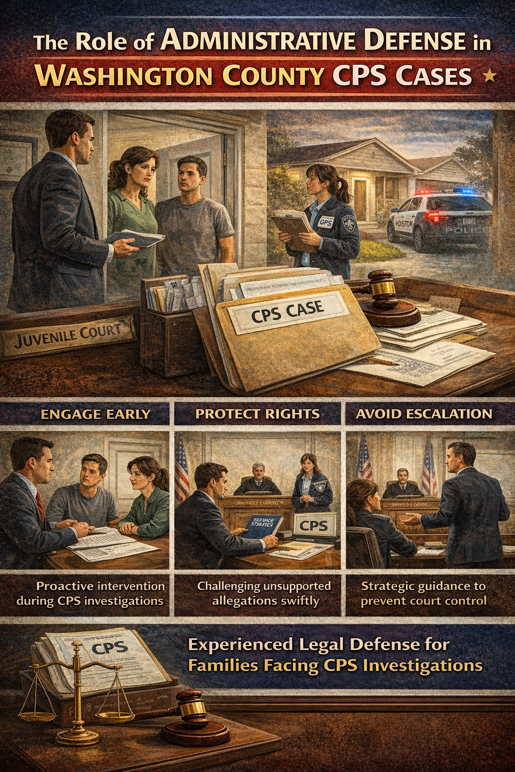 Illustrated infographic showing administrative defense in Washington County CPS cases, with scenes of attorneys advising parents, CPS investigations, safety plans, and juvenile court proceedings focused on protecting family rights and preventing escalation.