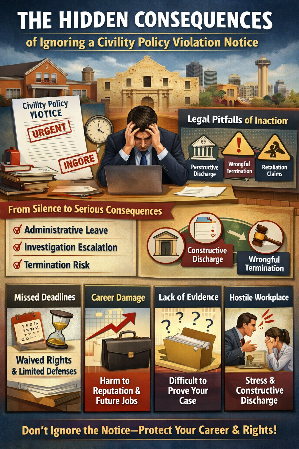 The Hidden Consequences of Ignoring a Civility Policy Violation Notice.” The image shows a stressed employee sitting at a desk with a laptop, holding his head in frustration, with a document labeled “Civility Policy Violation – Urgent” stamped “Ignore.” In the background is a San Antonio skyline and courthouse imagery. The infographic highlights risks such as administrative leave, investigation escalation, termination risk, constructive discharge, wrongful termination, retaliation claims, missed deadlines, waived rights, career damage, lack of evidence, hostile workplace, and stress. A banner at the bottom reads: “Don’t Ignore the Notice—Protect Your Career & Rights!