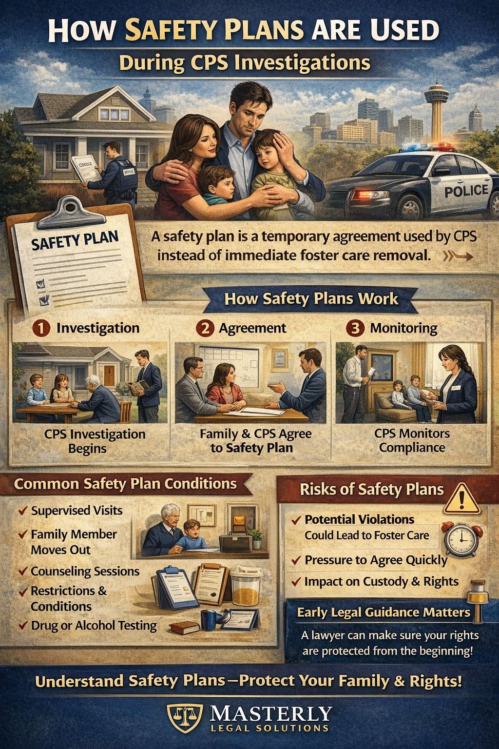 How Safety Plans Are Used During CPS Investigations.” The image shows a concerned family standing together in front of a home, with a police car and city skyline in the background. A clipboard labeled “Safety Plan” appears beside them. The infographic explains that a safety plan is a temporary agreement used by CPS instead of immediate foster care removal. It outlines three steps: investigation begins, family and CPS agree to a safety plan, and CPS monitors compliance. Common safety plan conditions listed include supervised visits, a family member moving out, counseling sessions, restrictions and conditions in the home, and drug or alcohol testing. A section highlights risks such as potential violations leading to foster care, pressure to agree quickly, and impact on custody and parental rights. The bottom emphasizes the importance of early legal guidance and protecting your family’s rights.