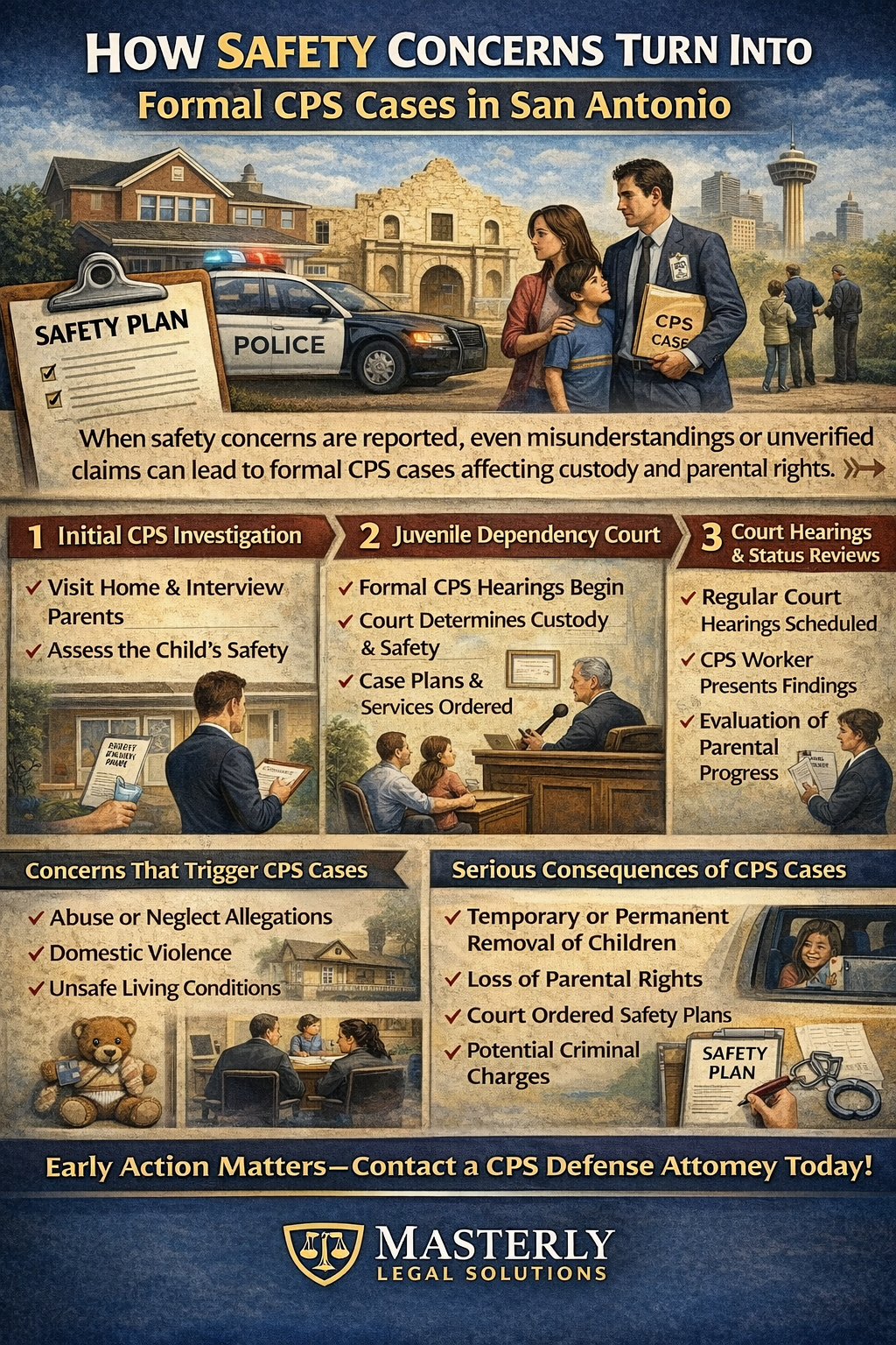 How Safety Concerns Turn Into Formal CPS Cases in San Antonio.” The image features a San Antonio skyline backdrop with a family standing near a home and a police vehicle, alongside a clipboard labeled “Safety Plan.” A CPS worker holding a “CPS Case” file appears near the family. The infographic outlines three stages: initial CPS investigation (home visits, parent interviews, child safety assessment), juvenile dependency court (formal hearings, custody and safety determinations, case plans and services ordered), and court hearings with status reviews (regular hearings, CPS findings presented, evaluation of parental progress). Additional sections list concerns that trigger CPS cases, such as abuse or neglect allegations, domestic violence, and unsafe living conditions, as well as serious consequences including temporary or permanent removal of children, loss of parental rights, court-ordered safety plans, and potential criminal charges. A banner at the bottom emphasizes early action and contacting a CPS defense attorney.