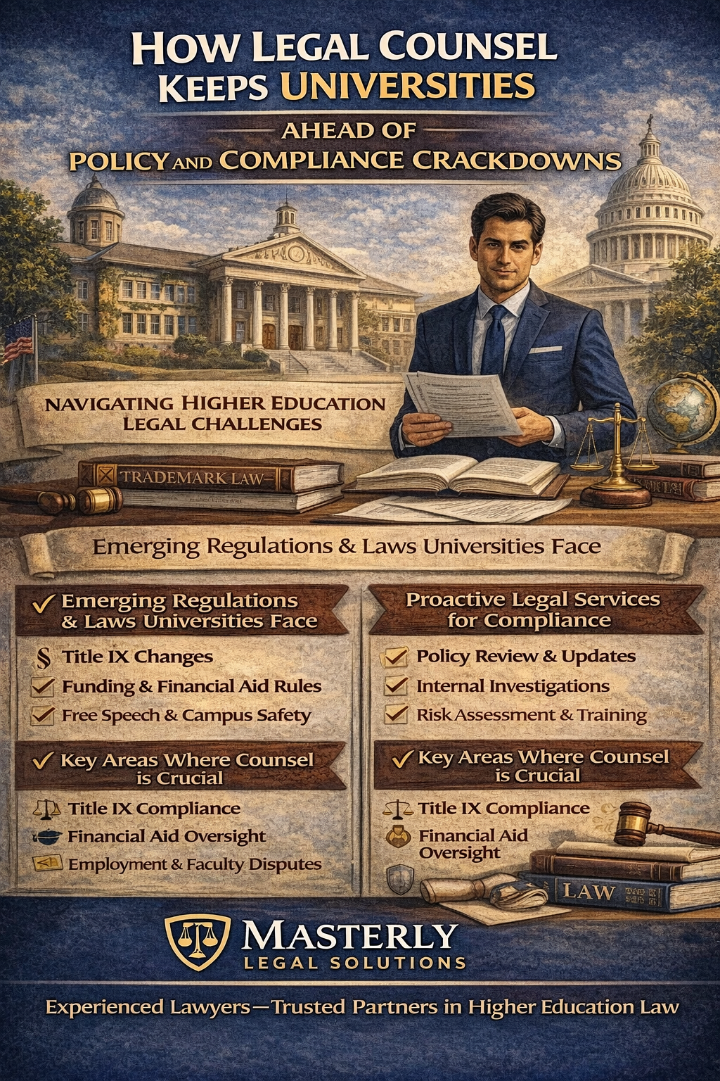 How Legal Counsel Keeps Universities Ahead of Policy and Compliance Crackdowns.” The image features a professional attorney standing in front of a large university campus with classical buildings and a capitol-style dome in the background. The lawyer is holding documents at a desk with law books, scales of justice, and a globe, symbolizing higher education law and regulatory oversight.
The infographic outlines key areas of higher education compliance, including Title IX changes, funding and financial aid rules, and free speech and campus safety concerns. It highlights proactive legal services such as policy review and updates, internal investigations, and risk assessment and training. Additional sections emphasize the importance of legal counsel in areas like Title IX compliance, financial aid oversight, and employment and faculty disputes.
The bottom section features Masterly Legal Solutions branding and reinforces the message that experienced lawyers serve as trusted partners in higher education law.
