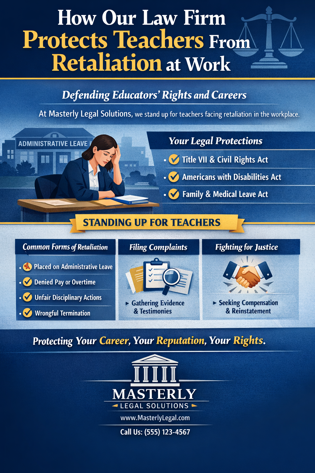 How Our Law Firm Protects Teachers From Retaliation at Work” by Masterly Legal Solutions. The design features a blue and gold color scheme with a scales of justice icon at the top. A teacher is shown sitting at a desk with her hand on her forehead, appearing stressed, with a building labeled “Administrative Leave” in the background. The infographic lists legal protections including Title VII & Civil Rights Act, Americans with Disabilities Act, and Family & Medical Leave Act. It outlines common forms of retaliation such as placement on administrative leave, denied pay or overtime, unfair disciplinary actions, and wrongful termination. Additional sections highlight filing complaints, gathering evidence, seeking compensation and reinstatement, and protecting a teacher’s career, reputation, and rights. The bottom includes the Masterly Legal Solutions logo and contact information.