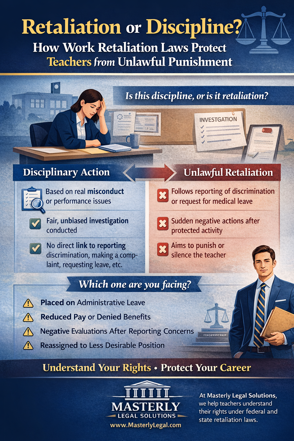 Retaliation or Discipline? How Work Retaliation Laws Protect Teachers from Unlawful Punishment” by Masterly Legal Solutions. The design uses a blue and gold color scheme with a scales of justice icon at the top. A teacher sits at a desk with her hand on her forehead, appearing stressed, while documents labeled “Investigation” are displayed in the background. The graphic compares “Disciplinary Action” and “Unlawful Retaliation” in side-by-side sections. The disciplinary action section lists real misconduct, fair investigations, and no link to reporting discrimination. The unlawful retaliation section lists actions that follow reporting discrimination or requesting medical leave, sudden negative actions after protected activity, and punishment or silencing of the teacher. A checklist highlights warning signs such as placement on administrative leave, reduced pay or denied benefits, negative evaluations after reporting concerns, and reassignment to a less desirable position. The bottom includes the Masterly Legal Solutions logo, website, and a message encouraging teachers to understand their rights and protect their careers.