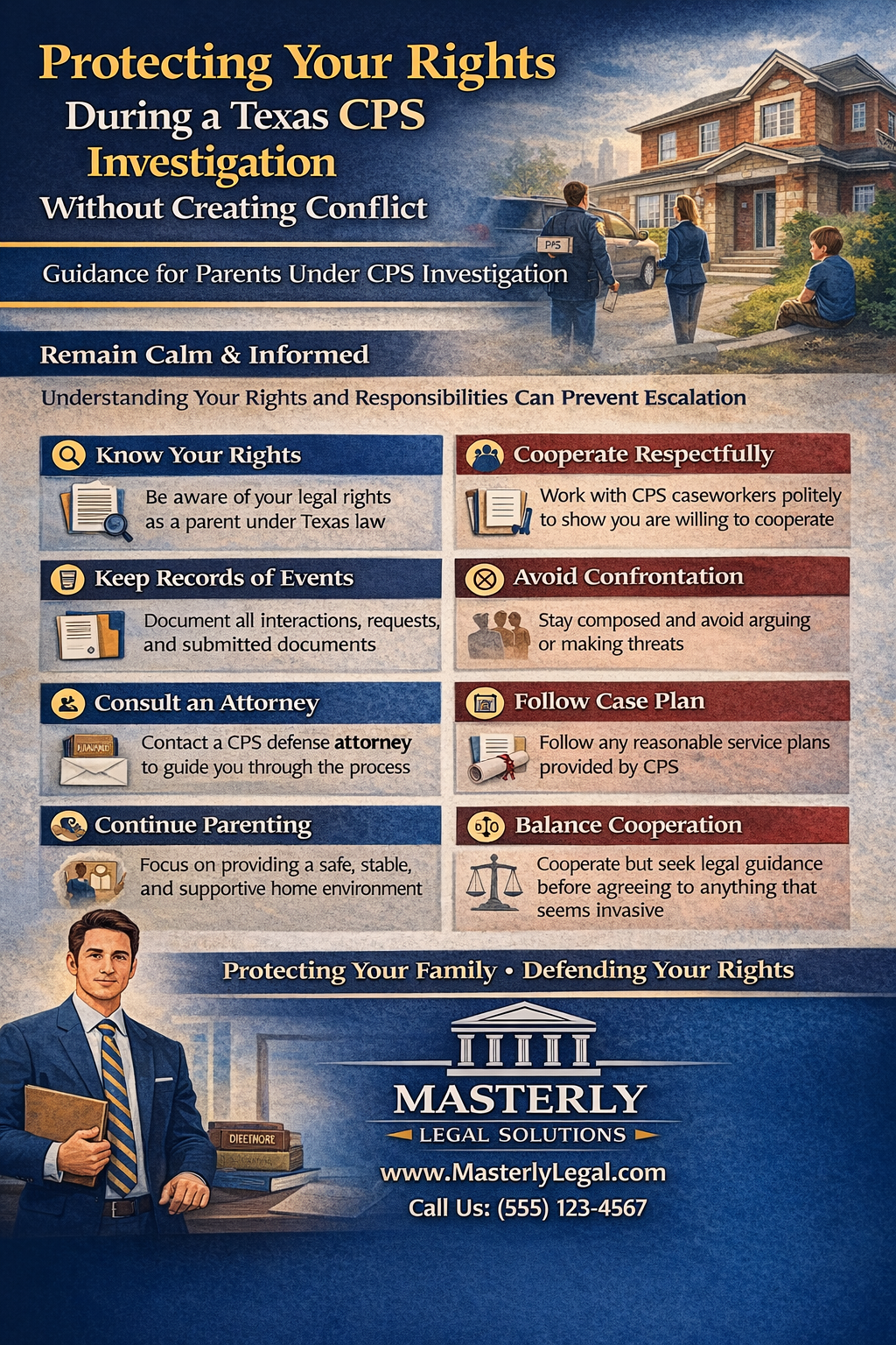 Protecting Your Rights During a Texas CPS Investigation Without Creating Conflict” by Masterly Legal Solutions. The design uses a blue and gold color scheme and features a family standing outside their home speaking with a CPS caseworker at the top. The graphic provides guidance for parents under CPS investigation and emphasizes remaining calm and informed.
Key sections include: Know Your Rights under Texas law; Cooperate Respectfully with CPS caseworkers; Keep Records of Events and document interactions; Avoid Confrontation; Consult an Attorney for guidance; Follow Case Plan requirements; Continue Parenting by maintaining a safe and stable home; and Balance Cooperation by seeking legal advice before agreeing to invasive requests. The bottom displays the message “Protecting Your Family • Defending Your Rights,” along with the Masterly Legal Solutions logo, website, and contact phone number.