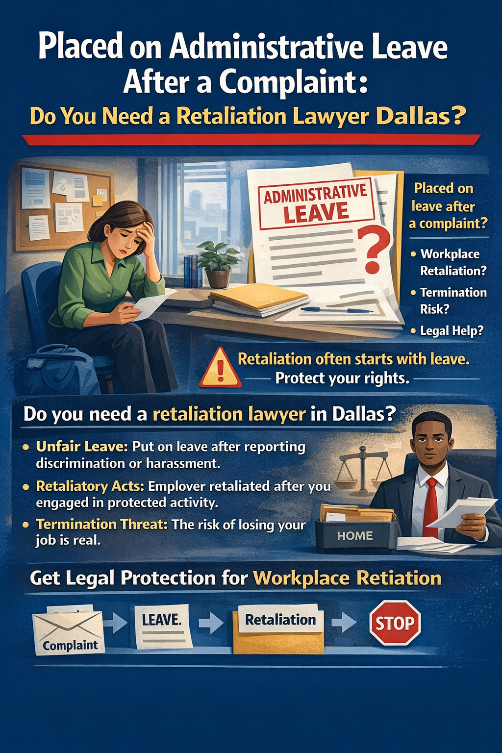 Placed on Administrative Leave After a Complaint: Do You Need a Retaliation Lawyer Dallas?” The image shows a distressed employee sitting at a desk reading a document labeled “Administrative Leave,” with a question mark beside it. Text highlights concerns such as workplace retaliation, termination risk, and the need for legal help. Additional sections explain that retaliation often starts with leave and outline examples like unfair leave after reporting discrimination or harassment, retaliatory acts following protected activity, and threats of termination. Visual elements include a warning symbol, scales of justice, a worker holding a box labeled “Home,” and a step-by-step graphic showing complaint → leave → retaliation → stop, emphasizing legal protection for workplace retaliation.