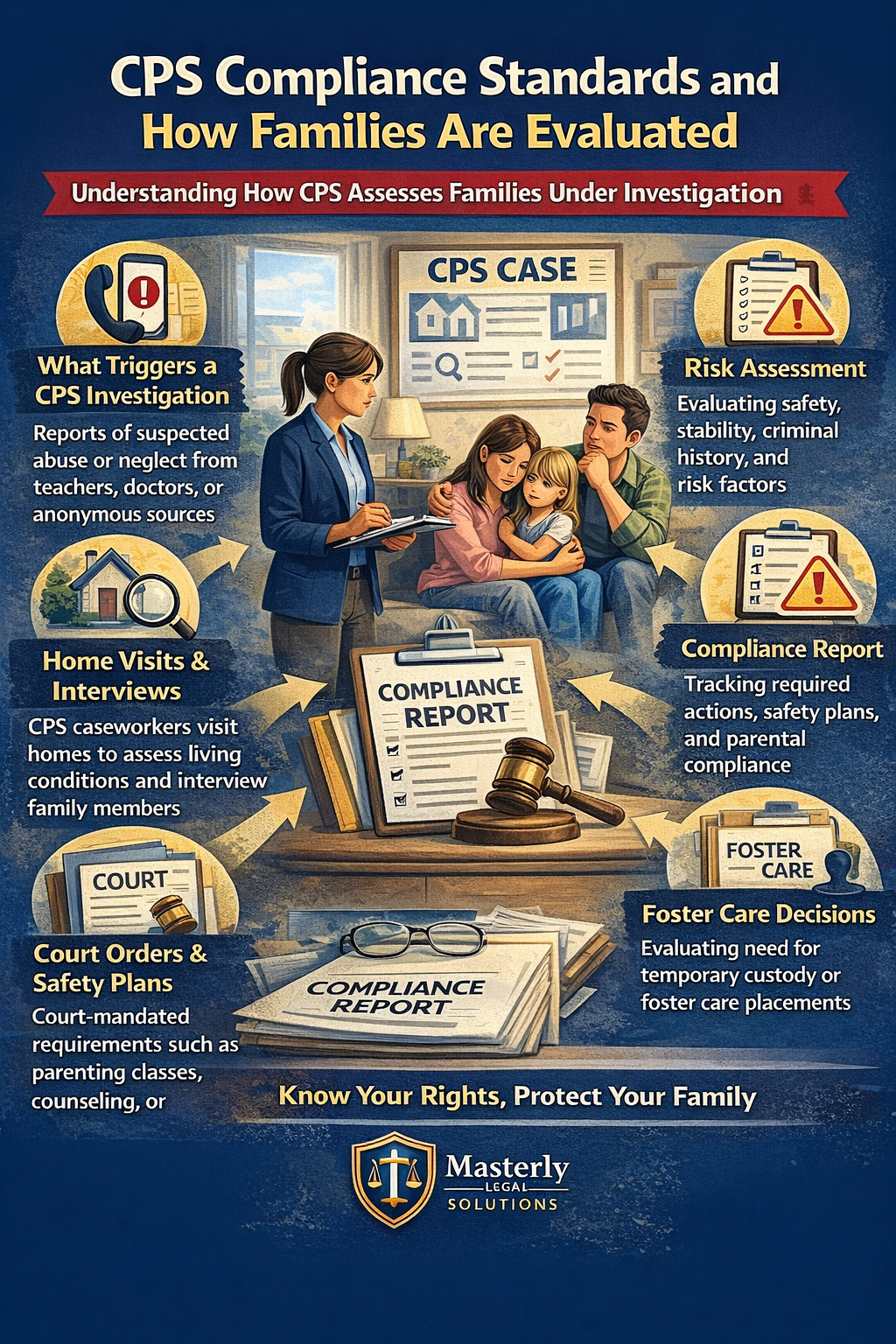 CPS Compliance Standards and How Families Are Evaluated.” The image shows a CPS caseworker standing in a family’s living room speaking with concerned parents and a young child seated together on a couch. A board labeled “CPS Case” appears behind them. Surrounding sections explain key parts of the CPS process, including what triggers a CPS investigation, home visits and interviews, risk assessment factors, compliance reports tracking safety plans and parental compliance, court orders and required services, and foster care decisions involving temporary custody. Visual elements include clipboards, warning symbols, a magnifying glass, a court gavel, and a folder labeled “Foster Care.” The bottom emphasizes knowing your rights and protecting your family, along with Masterly Legal Solutions branding.