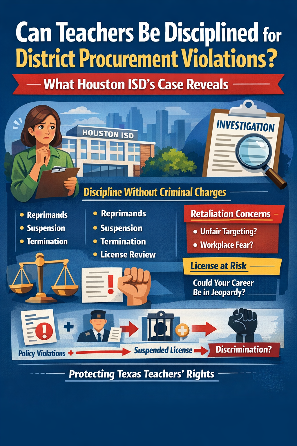 Can Teachers Be Disciplined for District Procurement Violations? What Houston ISD’s Case Reveals.” The graphic shows a concerned teacher holding a clipboard in front of a Houston ISD building, alongside an investigation clipboard with a magnifying glass. Text highlights “Discipline Without Criminal Charges” with possible consequences including reprimands, suspension, termination, and license review. Additional sections reference retaliation concerns, license risk, discrimination, and protecting Texas teachers’ rights, with icons such as scales of justice, warning documents, a suspended license symbol, and a raised fist representing employee rights.