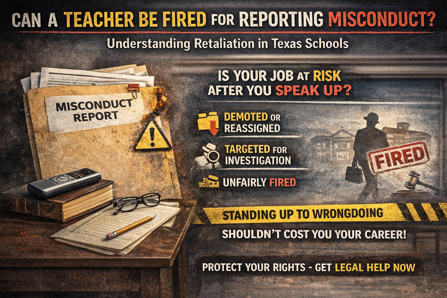 Can a Teacher Be Fired for Reporting Misconduct? Understanding Retaliation in Texas Schools.” On the left, a file labeled “Misconduct Report” sits on a desk with a warning symbol. On the right, text asks, “Is your job at risk after you speak up?” and lists potential consequences such as demoted or reassigned, targeted for investigation, and unfairly fired. A silhouette of a teacher with a “Fired” stamp appears in front of a school building, with a call to action reading, “Standing up to wrongdoing shouldn’t cost you your career. Protect your rights – Get legal help now.