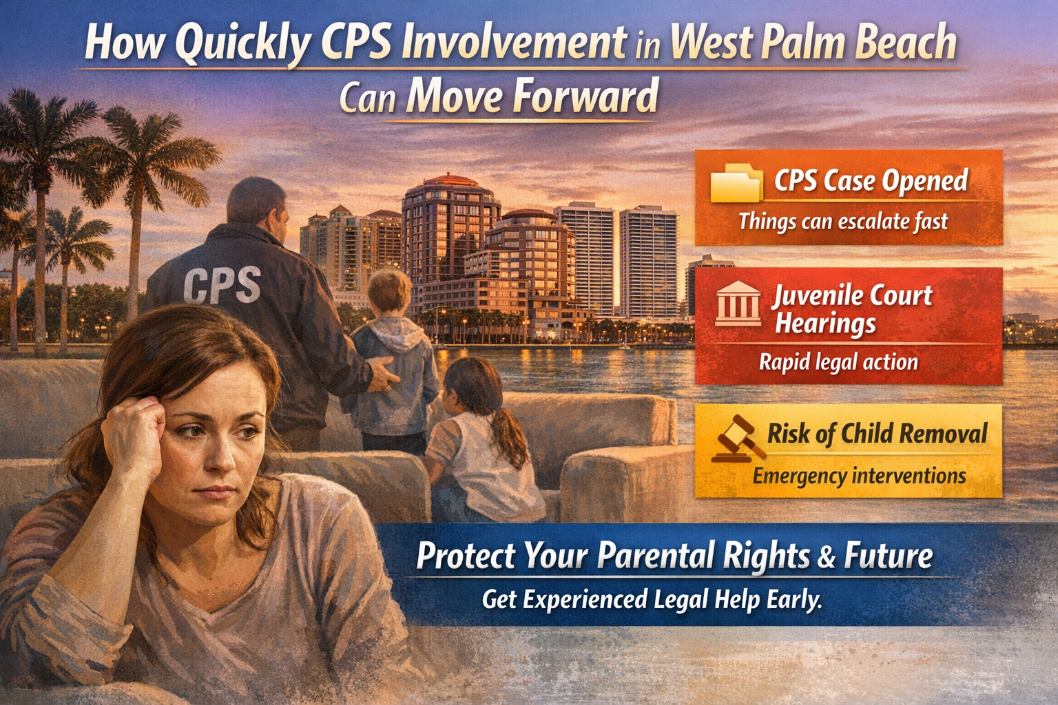 How Quickly CPS Involvement in West Palm Beach Can Move Forward” featuring a worried mother in the foreground, a CPS worker with two children near a waterfront skyline at sunset, and highlighted points about case opening, juvenile court hearings, and risk of child removal, encouraging parents to seek legal help.