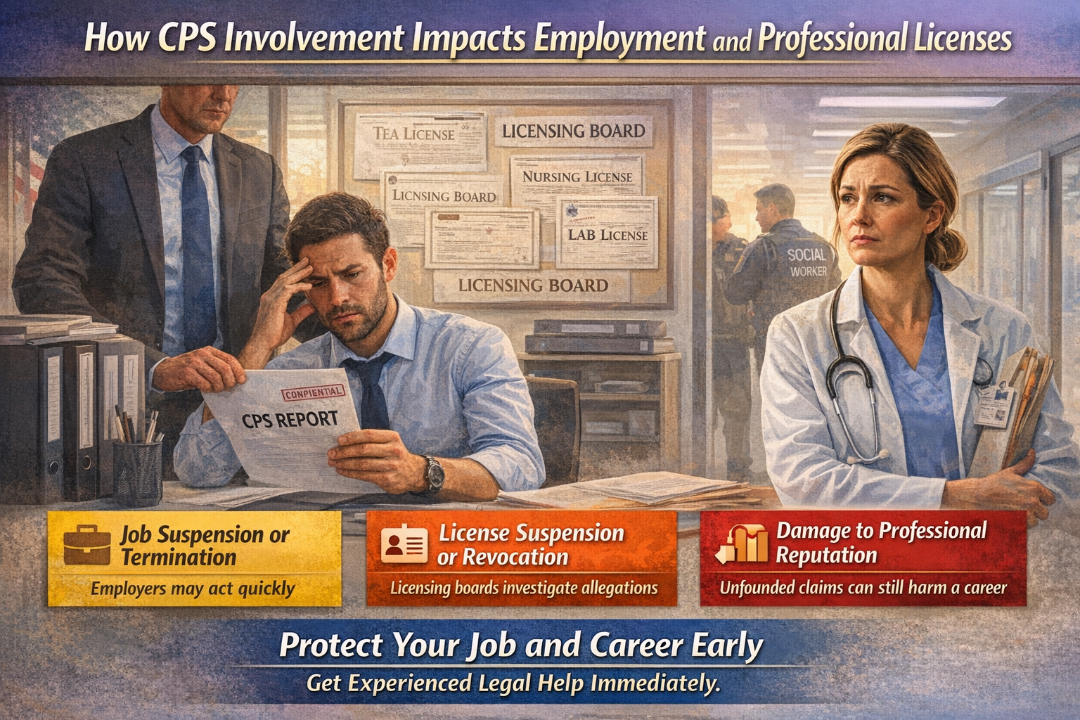 How CPS Involvement Impacts Employment and Professional Licenses” showing a worried office worker reviewing a CPS report and a concerned medical professional, with highlighted sections about job suspension or termination, license suspension or revocation, and damage to professional reputation, encouraging early legal help.