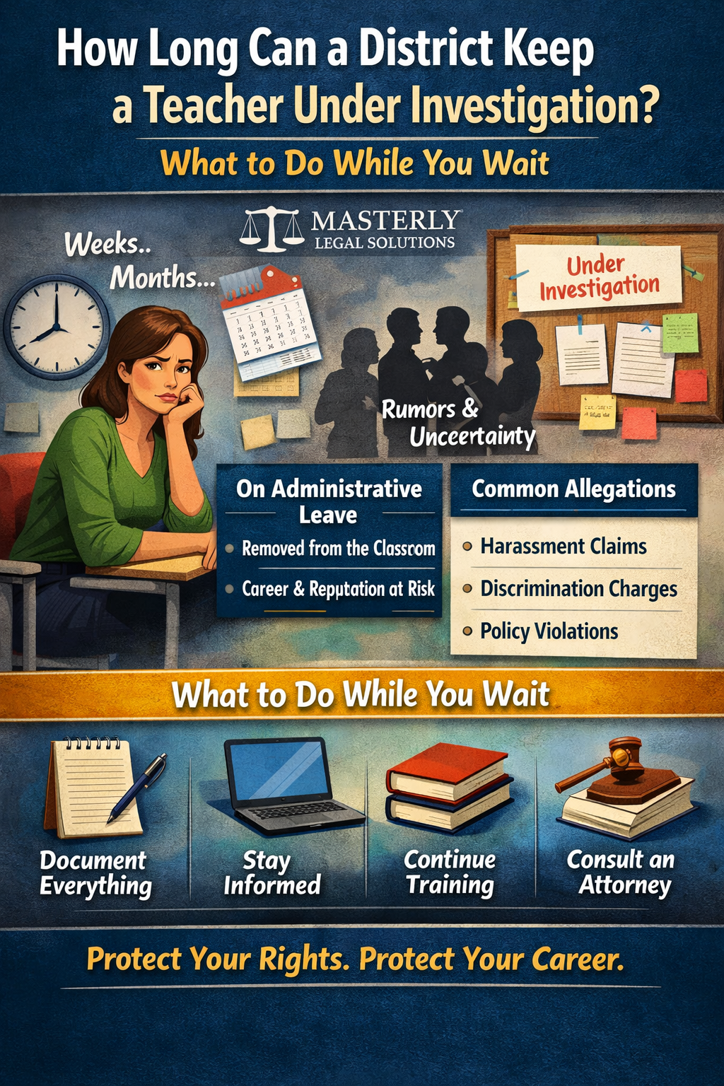 How Long Can a District Keep a Teacher Under Investigation? What to Do While You Wait” by Masterly Legal Solutions. The image shows a concerned teacher sitting at a desk next to a clock and calendar labeled “Weeks… Months…” to represent time passing. In the background, shadowed coworkers stand near a bulletin board labeled “Under Investigation” with notes and papers pinned up, symbolizing rumors and uncertainty. Sections highlight “On Administrative Leave” with notes about being removed from the classroom and career risk, and “Common Allegations” including harassment claims, discrimination charges, and policy violations. A lower panel titled “What to Do While You Wait” lists action steps: document everything, stay informed, continue training, and consult an attorney. The bottom reads, “Protect Your Rights. Protect Your Career.