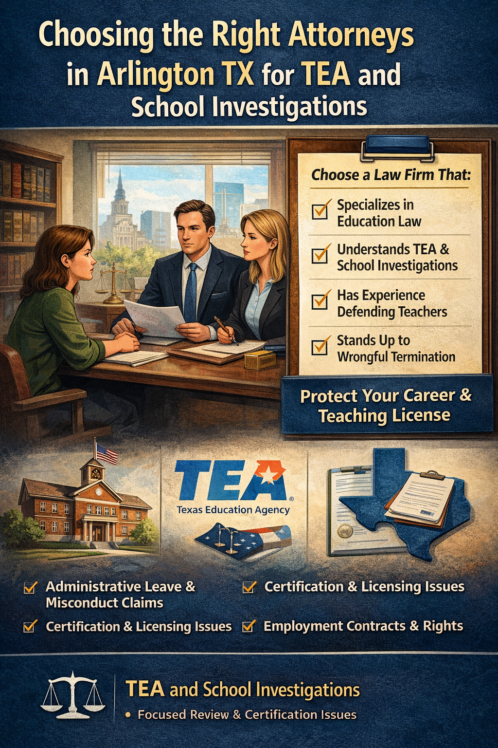 Choosing the Right Attorneys in Arlington TX for TEA and School Investigations.” The image shows a teacher seated at a desk meeting with two attorneys in an office setting, with law books and a city skyline visible in the background. A checklist on a clipboard reads: “Choose a Law Firm That: Specializes in Education Law, Understands TEA & School Investigations, Has Experience Defending Teachers, Stands Up to Wrongful Termination.” A banner states, “Protect Your Career & Teaching License.” The bottom section includes references to administrative leave, misconduct claims, certification and licensing issues, and employment contracts, along with imagery representing the Texas Education Agency and school investigations.