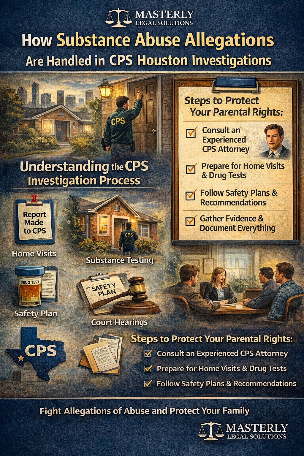 How Substance Abuse Allegations Are Handled in CPS Houston Investigations” by Masterly Legal Solutions. The image shows a CPS investigator knocking on a family’s front door with the Houston skyline in the background. Sections outline the CPS investigation process, including “Report Made to CPS,” “Home Visits,” “Substance Testing,” “Safety Plan,” and “Court Hearings.” A sidebar titled “Steps to Protect Your Parental Rights” lists: consult an experienced CPS attorney, prepare for home visits and drug tests, follow safety plans and recommendations, and gather evidence and document everything. The bottom of the infographic reads, “Fight Allegations of Abuse and Protect Your Family.