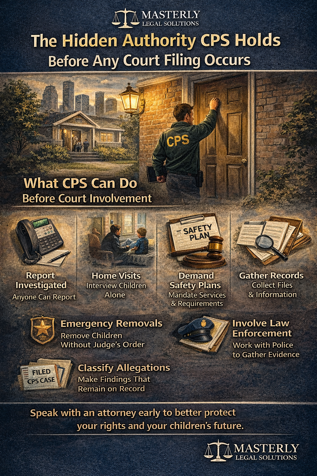 The Hidden Authority CPS Holds Before Any Court Filing Occurs” by Masterly Legal Solutions. The image shows a CPS investigator knocking on a family’s front door with a city skyline in the background. Sections labeled “What CPS Can Do Before Court Involvement” outline agency powers, including investigating reports (anyone can report), conducting home visits and interviewing children alone, demanding safety plans and mandatory services, gathering records and information, initiating emergency removals without a judge’s order, involving law enforcement to collect evidence, and classifying allegations with findings that remain on record. The bottom message reads, “Speak with an attorney early to better protect your rights and your children’s future.