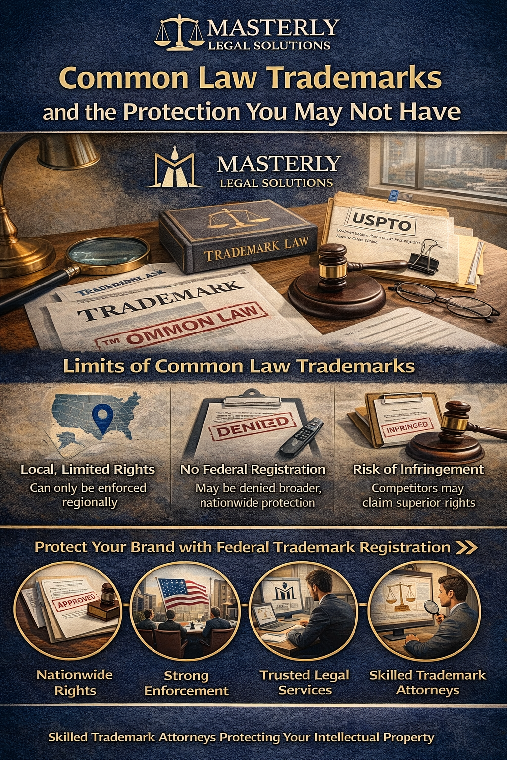 Common Law Trademarks and the Protection You May Not Have” by Masterly Legal Solutions. The design features legal-themed imagery including a gavel, law books labeled “Trademark Law,” paperwork stamped “Common Law,” and a document marked “USPTO.” A section titled “Limits of Common Law Trademarks” highlights: local, limited rights that can only be enforced regionally; no federal registration and possible denial of nationwide protection; and risk of infringement where competitors may claim superior rights. A lower section promotes federal trademark registration benefits, including nationwide rights, strong enforcement, trusted legal services, and skilled trademark attorneys. The bottom text reads, “Skilled Trademark Attorneys Protecting Your Intellectual Property.