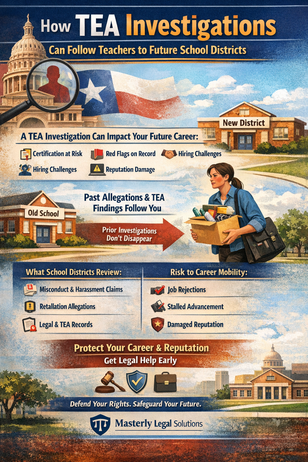 How TEA Investigations Can Follow Teachers to Future School Districts” featuring Texas imagery, a teacher leaving an old school for a new district, and visual icons representing certification risk, red flags on record, hiring challenges, and reputation damage. The graphic explains how past allegations and TEA findings can impact future employment opportunities, outlines what school districts review (misconduct claims, retaliation allegations, legal and TEA records), and highlights risks such as job rejections, stalled advancement, and damaged reputation. It concludes with a call to protect your career and seek legal help from Masterly Legal Solutions.
