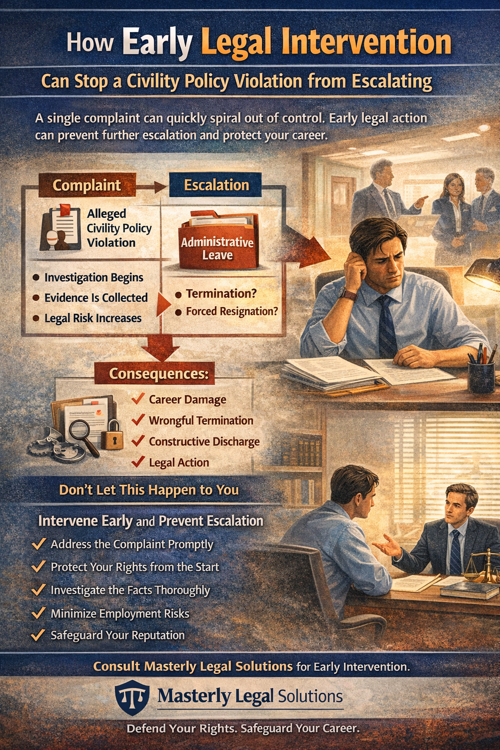How Early Legal Intervention Can Stop a Civility Policy Violation from Escalating.” The graphic shows a flow from an initial complaint about an alleged civility policy violation to escalation, including investigation, administrative leave, and possible termination or forced resignation. Visual sections outline consequences such as career damage, wrongful termination, constructive discharge, and legal action. The image includes illustrations of a stressed employee at a desk, workplace discussions in the background, and a meeting with an attorney, emphasizing the importance of addressing complaints promptly, protecting legal rights, and seeking early intervention from Masterly Legal Solutions.