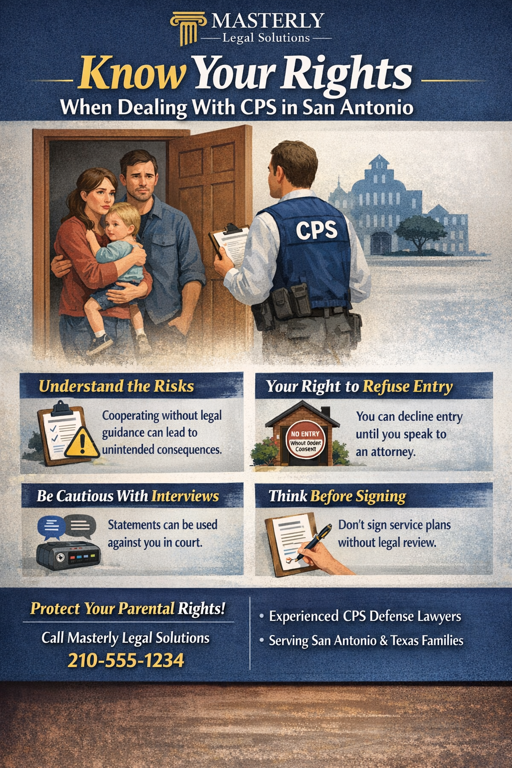 Know Your Rights When Dealing With CPS in San Antonio.” The image shows a concerned family standing at their doorway while a CPS worker holds a clipboard. Sections highlight key points: understanding the risks of cooperating without legal guidance, the right to refuse home entry without a court order, being cautious with interviews because statements can be used in court, and thinking before signing service plans. The bottom encourages parents to protect their parental rights and contact experienced CPS defense lawyers serving San Antonio and Texas families.