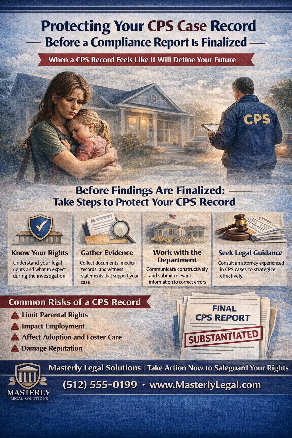 Protecting Your CPS Case Record Before a Compliance Report Is Finalized” with the subtitle “When a CPS Record Feels Like It Will Define Your Future.” The top section shows a worried mother holding her young child in front of a home, while a CPS worker wearing a jacket labeled “CPS” stands nearby reviewing documents.
A central section reads, “Before Findings Are Finalized: Take Steps to Protect Your CPS Record,” with four illustrated steps: “Know Your Rights” (shield icon), “Gather Evidence” (documents and magnifying glass), “Work with the Department” (house with official building), and “Seek Legal Guidance” (gavel and paperwork).
A lower section titled “Common Risks of a CPS Record” lists: limit parental rights, impact employment, affect adoption and foster care, and damage reputation. An image of a document stamped “Final CPS Report – Substantiated” appears beside the list. The footer includes Masterly Legal Solutions branding and contact information encouraging immediate action to safeguard your rights.