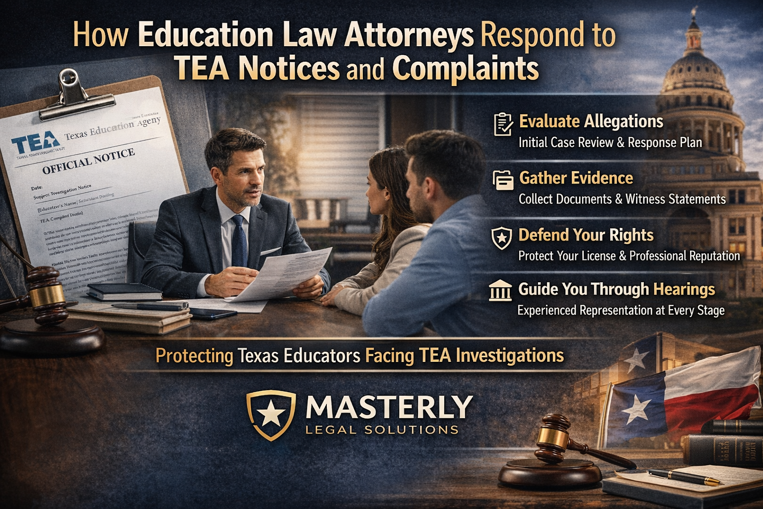 How Education Law Attorneys Respond to TEA Notices and Complaints.” The image features a serious-looking attorney reviewing documents with a concerned educator couple at a desk. To the left, a clipboard displays an “Official Notice” from the Texas Education Agency (TEA). In the background, the Texas State Capitol is visible, reinforcing the legal and state context. On the right side, highlighted bullet points outline key services: evaluating allegations, gathering evidence, defending professional licenses and reputations, and guiding clients through administrative hearings. A banner at the bottom reads “Protecting Texas Educators Facing TEA Investigations,” alongside the Masterly Legal Solutions logo, a gavel, law books, and a Texas flag.