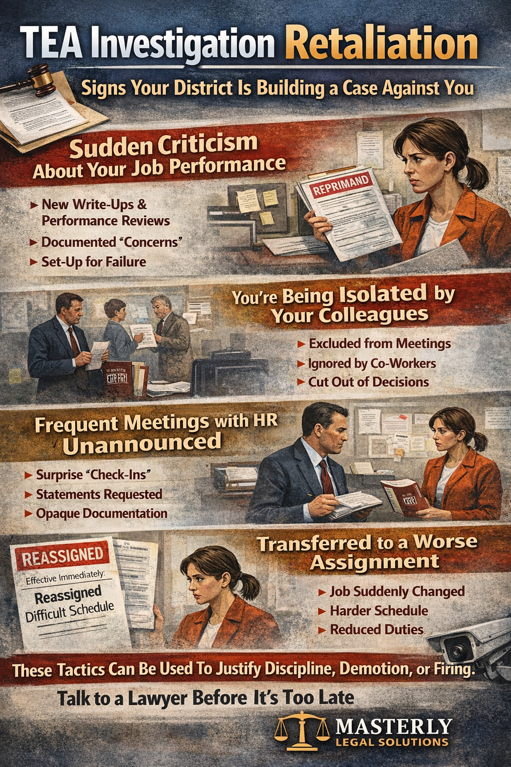 TEA Investigation Retaliation: Signs Your District Is Building a Case Against You,” showing an educator and administrators in a school setting with warning panels for sudden job performance criticism, isolation from colleagues, frequent unannounced HR meetings, and being transferred to a worse assignment, ending with a message to talk to a lawyer and the Masterly Legal Solutions logo.