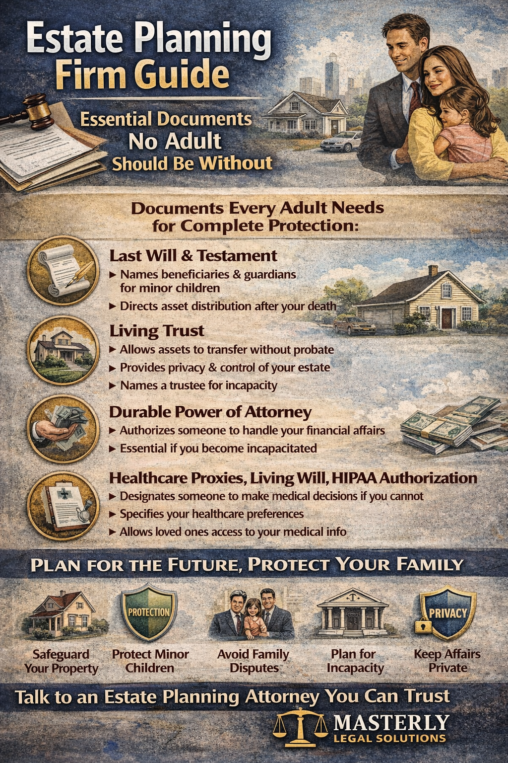 Estate Planning Firm Guide: Essential Documents No Adult Should Be Without,” featuring a family beside a home and estate icons, with a checklist of key documents including a Last Will and Testament, Living Trust, Durable Power of Attorney, and Healthcare Proxy/Living Will/HIPAA Authorization, plus reminders to protect property, plan for incapacity, keep affairs private, and contact Masterly Legal Solutions.