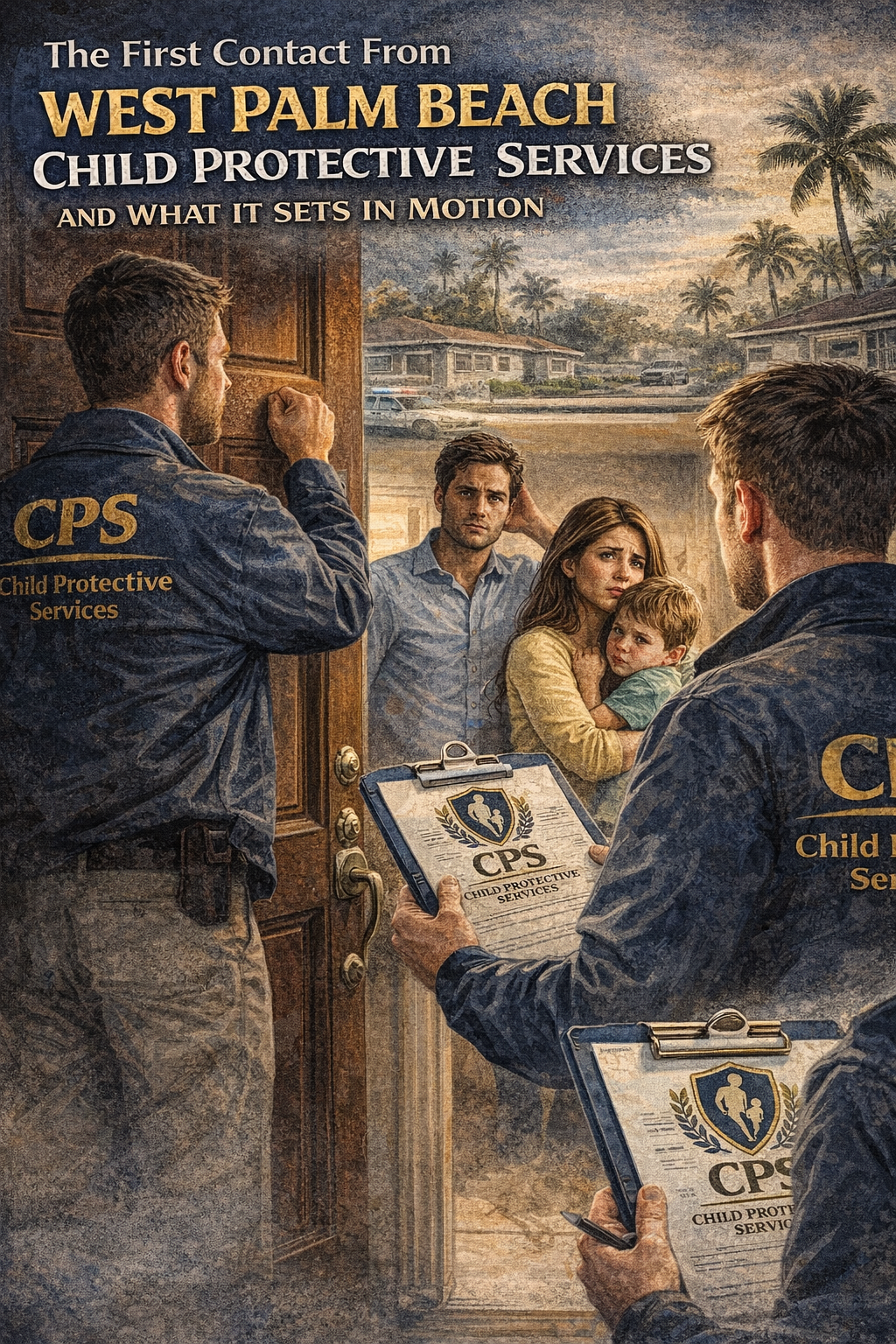 The First Contact From West Palm Beach Child Protective Services and What It Sets in Motion,” showing a CPS worker speaking with a parent at the door and outlining the investigation steps including interviews, records requests, risk assessment, follow-up visits, tough questions, possible court action, and requests for cooperation, with a call to contact Masterly Legal Solutions.