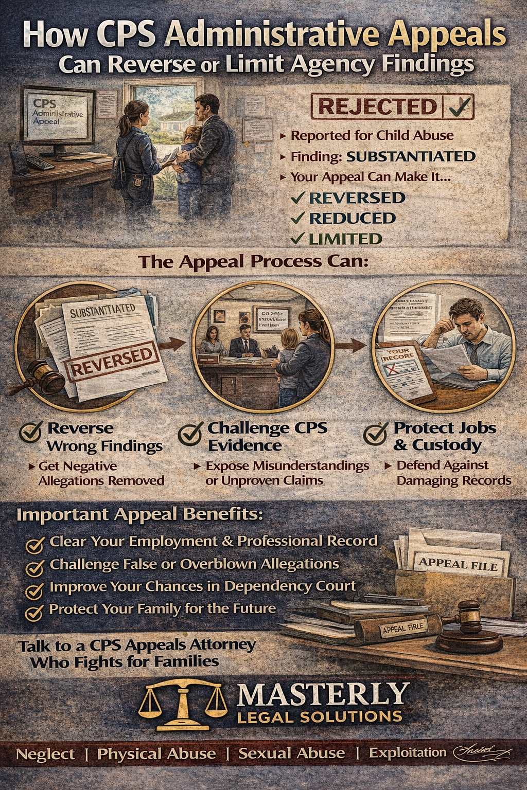 How CPS Administrative Appeals Can Reverse or Limit Agency Findings,” explaining that a substantiated CPS report can be appealed to potentially reverse, reduce, or limit the finding, with sections on challenging CPS evidence, protecting jobs and custody, and key appeal benefits, plus a call to contact Masterly Legal Solutions.