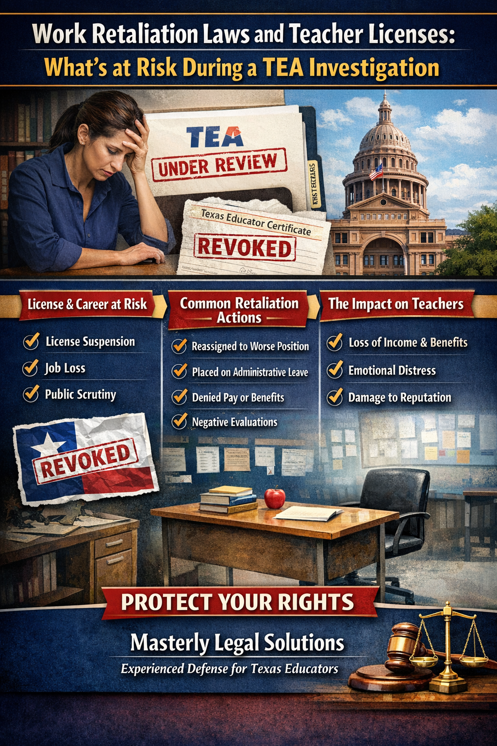 Work Retaliation Laws and Teacher Licenses: What’s at Risk During a TEA Investigation” showing a stressed teacher beside a “TEA Under Review” notice and a “Texas Educator Certificate Revoked” stamp, with the Texas Capitol in the background. The graphic lists risks including license suspension, job loss, public scrutiny, reassignment, administrative leave, denied pay, negative evaluations, loss of income, emotional distress, and damage to reputation, ending with “Protect Your Rights – Masterly Legal Solutions.