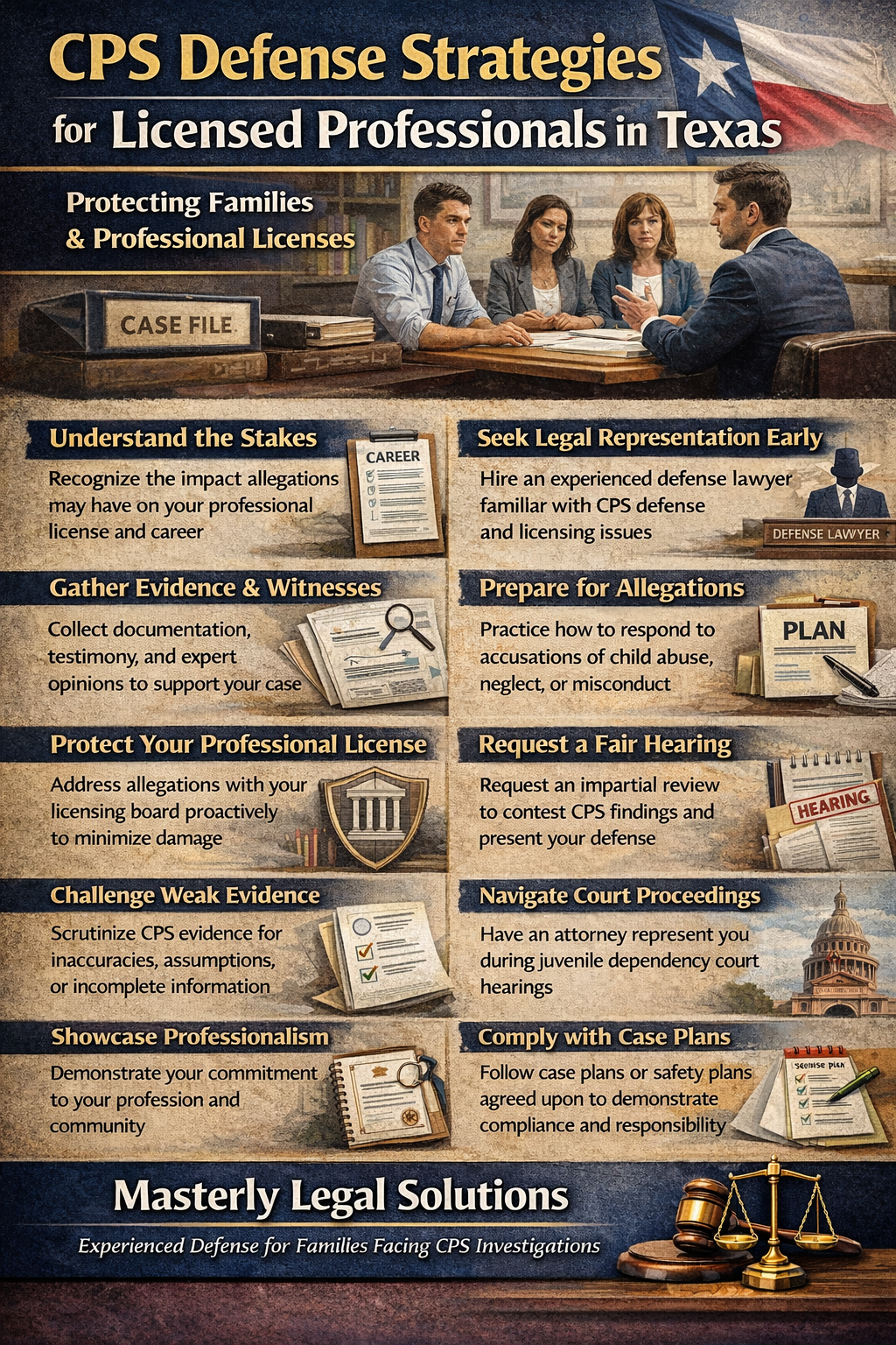 CPS Defense Strategies for Licensed Professionals in Texas” featuring a meeting scene with a professional and attorneys, a Texas flag in the background, and legal symbols. The graphic outlines key strategies including understanding the stakes for your career and license, seeking legal representation early, gathering evidence and witnesses, preparing for allegations, protecting your professional license, requesting a fair hearing, challenging weak evidence, navigating juvenile dependency court proceedings, showcasing professionalism, and complying with case plans. It concludes with “Masterly Legal Solutions – Experienced Defense for Families Facing CPS Investigations.