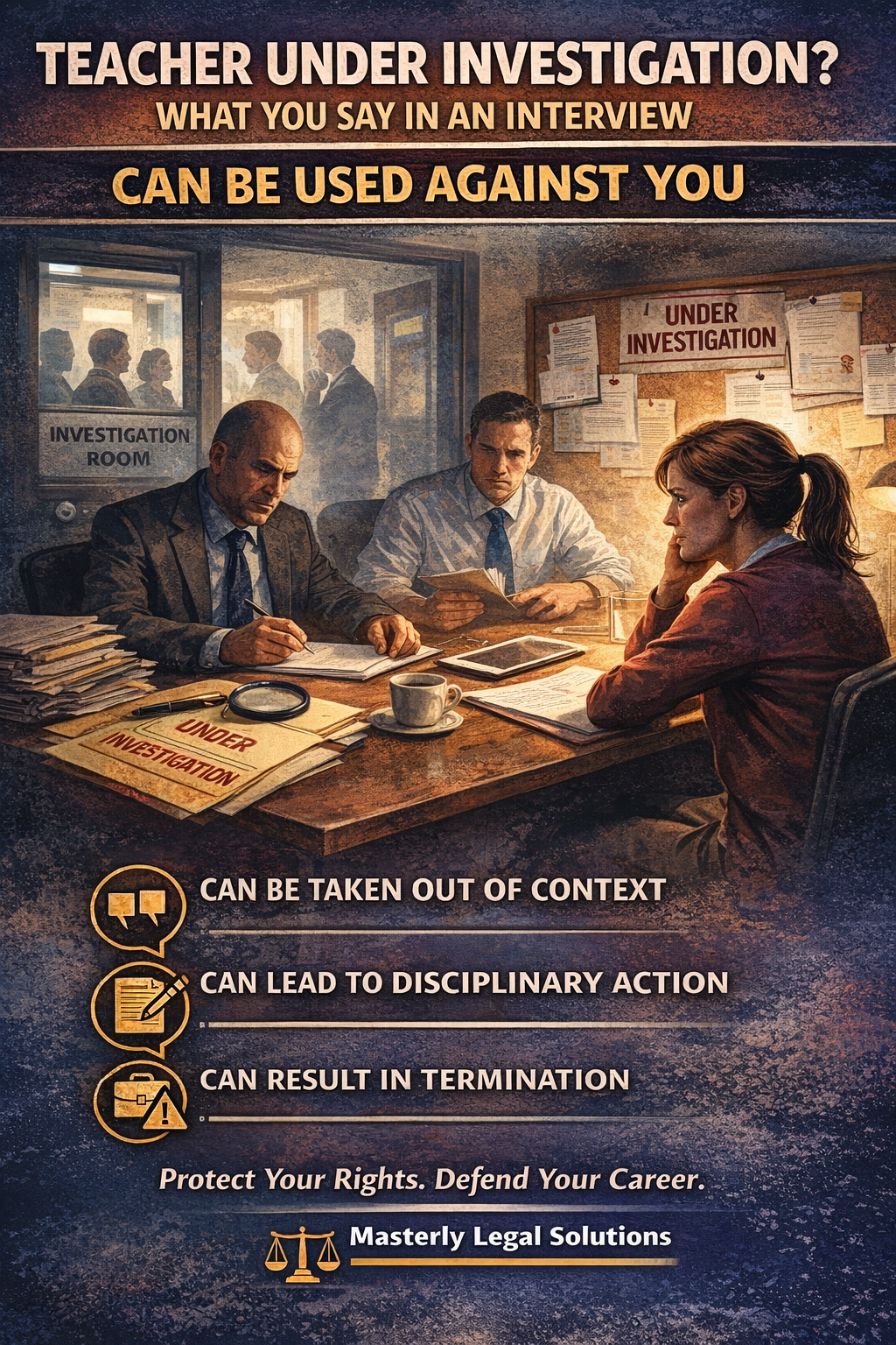 Teacher Under Investigation? What You Say in an Interview Can Be Used Against You.” The image shows a concerned teacher seated at a table in an investigation room while two administrators review documents and take notes. Papers stamped “Under Investigation” are spread across the desk, and a bulletin board behind them displays notices labeled “Under Investigation.” Text highlights key risks: statements can be taken out of context, lead to disciplinary action, or result in termination. The bottom of the graphic urges viewers to protect their rights and defend their career, with Masterly Legal Solutions branding displayed.