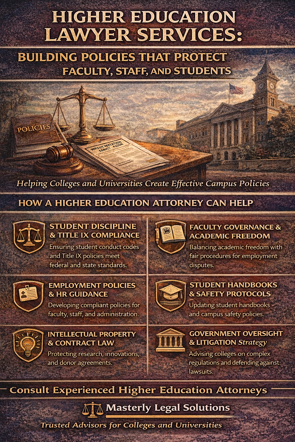 Higher Education Lawyer Services: Building Policies That Protect Faculty, Staff, and Students.” The design features a university campus building in the background with a gavel, scales of justice, and policy documents in the foreground. Sections explain how a higher education attorney can help with student discipline and Title IX compliance, faculty governance and academic freedom, employment policies and HR guidance, student handbooks and safety protocols, intellectual property and contract law, and government oversight and litigation strategy. The bottom encourages consulting experienced higher education attorneys and includes Masterly Legal Solutions branding as trusted advisors for colleges and universities.